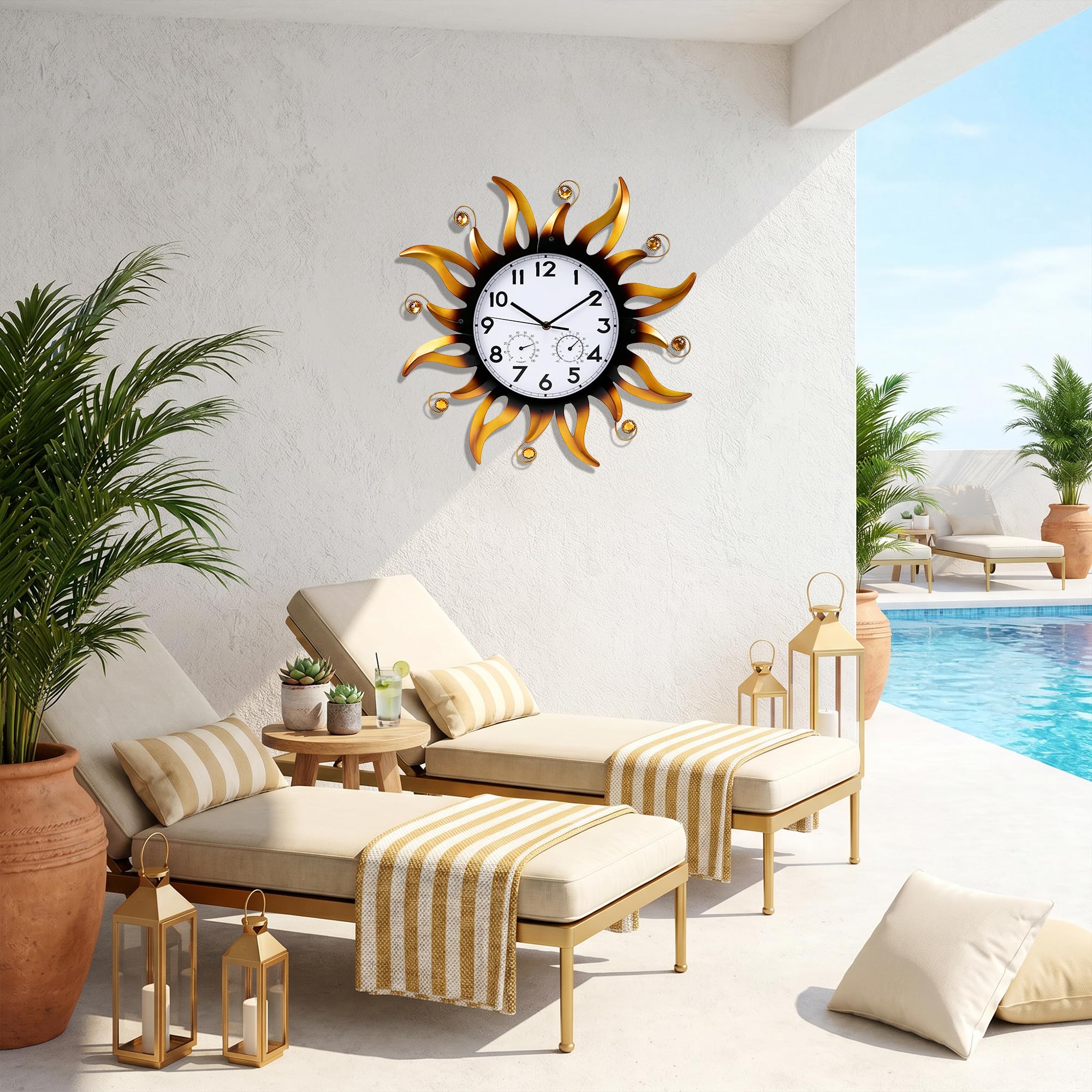 Reloj de pared para exteriores con termómetro e higrómetro, 20 pulgadas, impermeable, silencioso, sin tictac, decoración grande para dormitorio, baño y piscina
