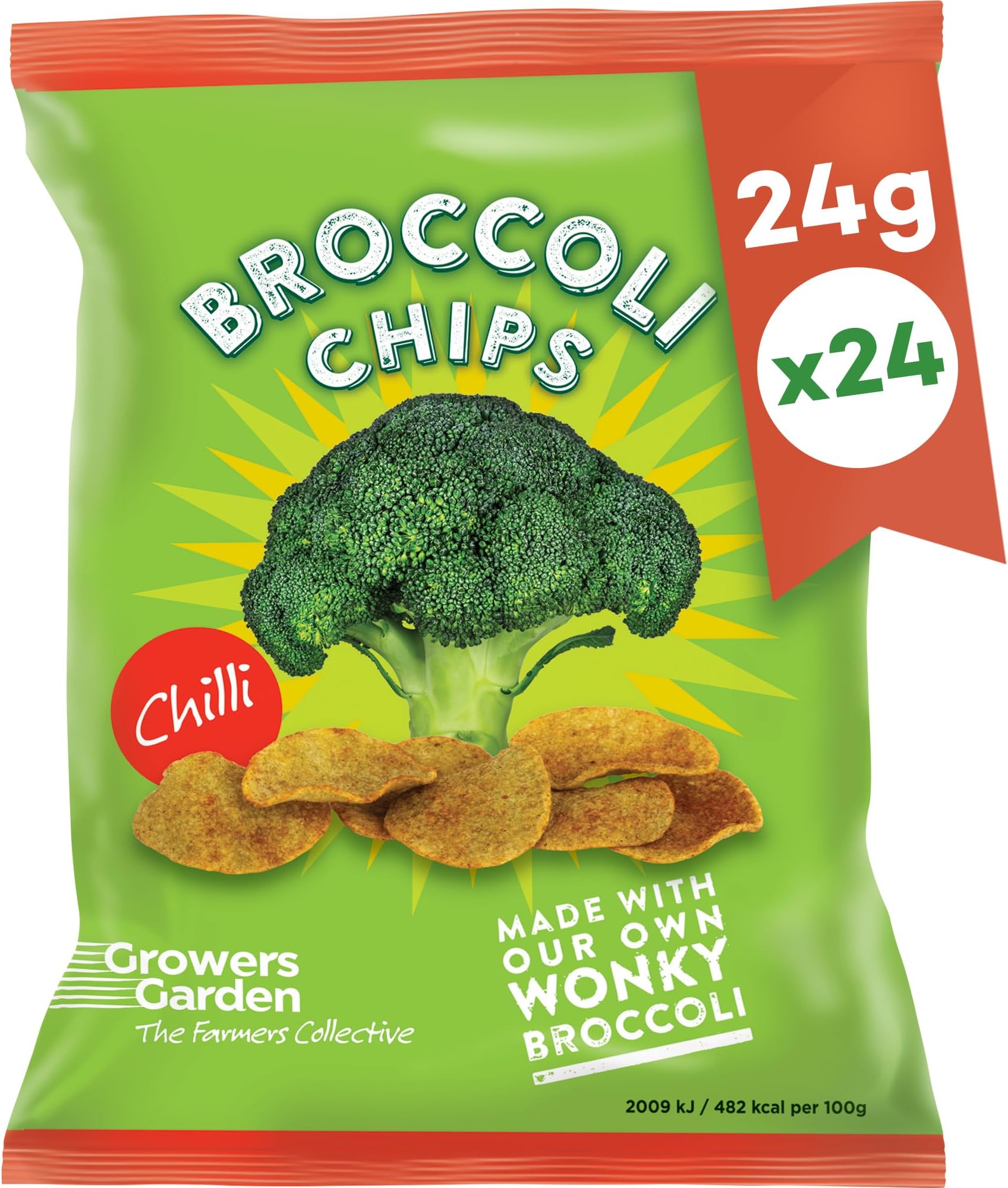Vegetable Crisps Chilli Broccoli (24 x 24g Bags). Delicious, Low Calorie Snacks, Crisps made with 28% Broccoli, Vegan Registered Healthy Crisps - Genuine Growers Garden Vegan Snacks