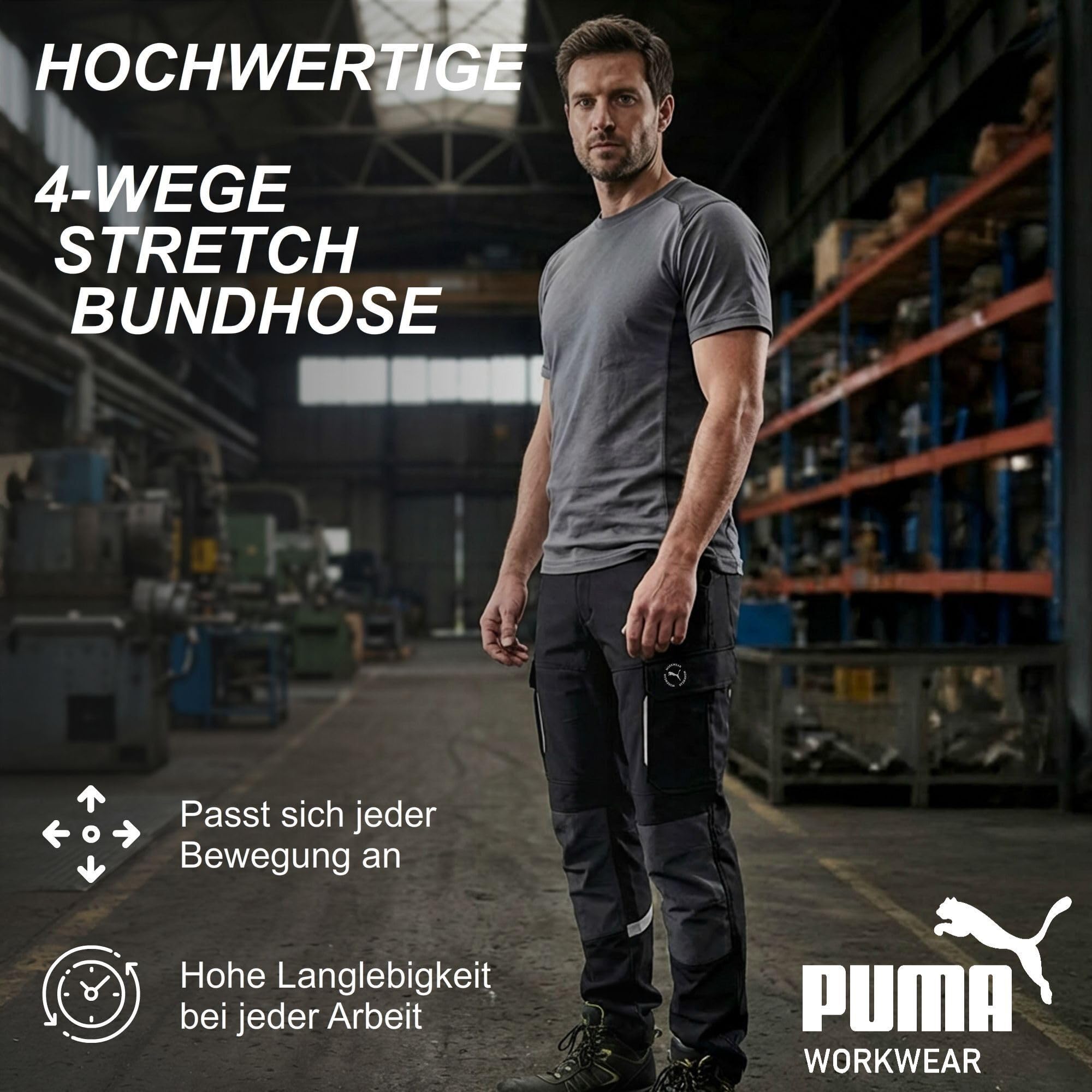 PUMA Workwear Arbeitshose Herren - Mit 4-Wege Stretch - Robuste Hose mit verstärktem Kniebereich und Gummizug im Bund - Erhöhtes Rückenteil - Bundhose mit verlängerbarem Hosensaum