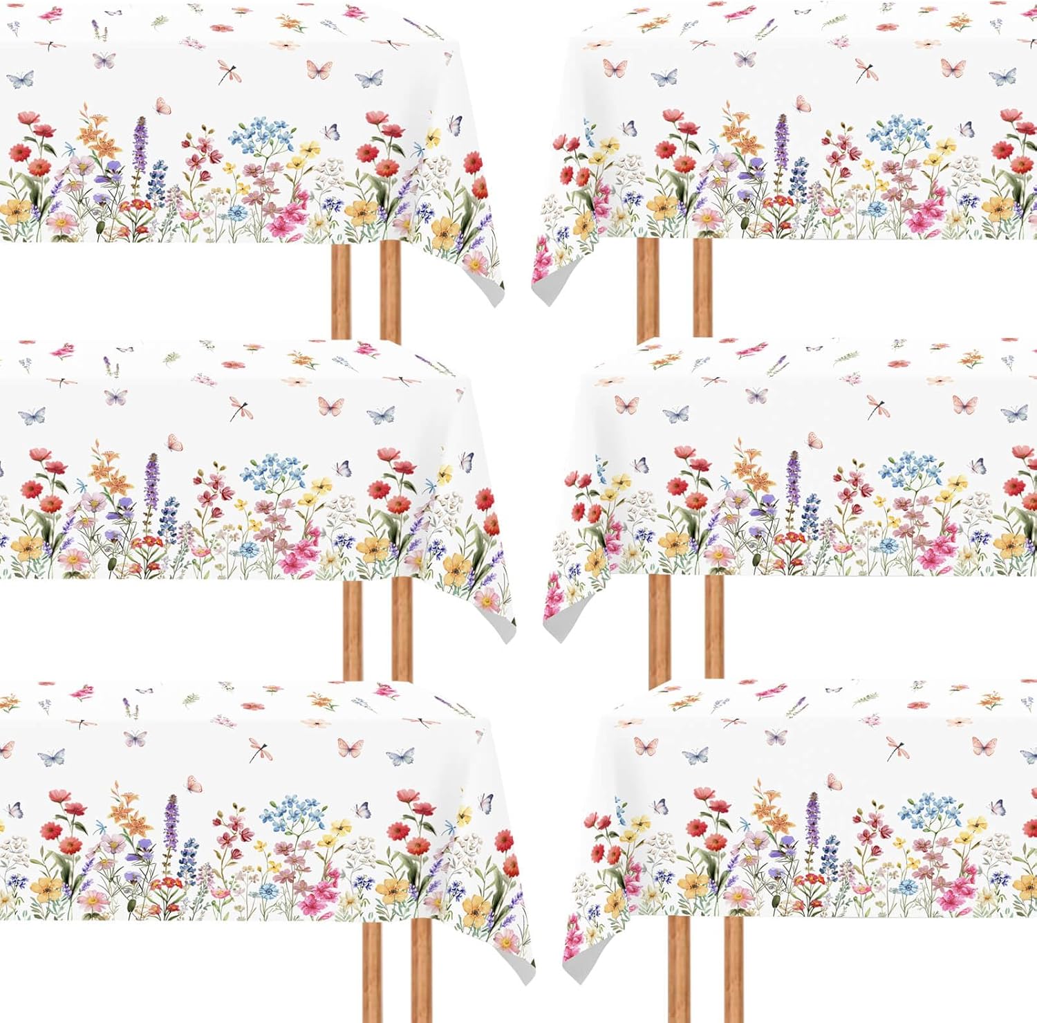 6 Pack Spring Floral Tablecloth, Wildflower Butterfly Plastic Table Cover for Easter, Wedding, Birthday, Mothers Day, Tea, Wildflower Party Table Supplies Decorations