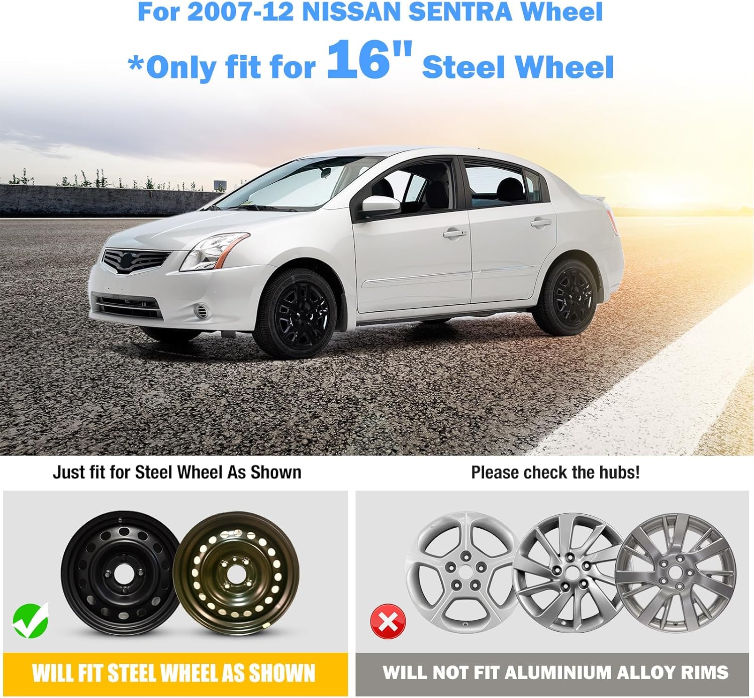 AUTOWIKI 16” Black Hubcaps Fit for 2007-2012 Nissan Sentra, Bolt-On Installation Wheel Rim Covers, Set of 4 PP Material Hub Caps - 16 Inch Black Lacquer