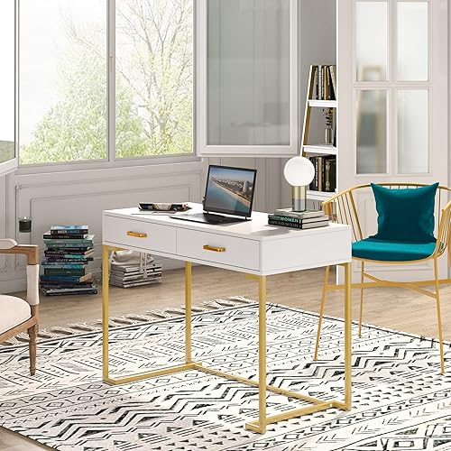 Miniatura 6 de Escritorio para computadora con cajones escritorio blanco y dorado con 2 cajones escritorio blanco simple y moderno blanco blancodorado Blanco puro,