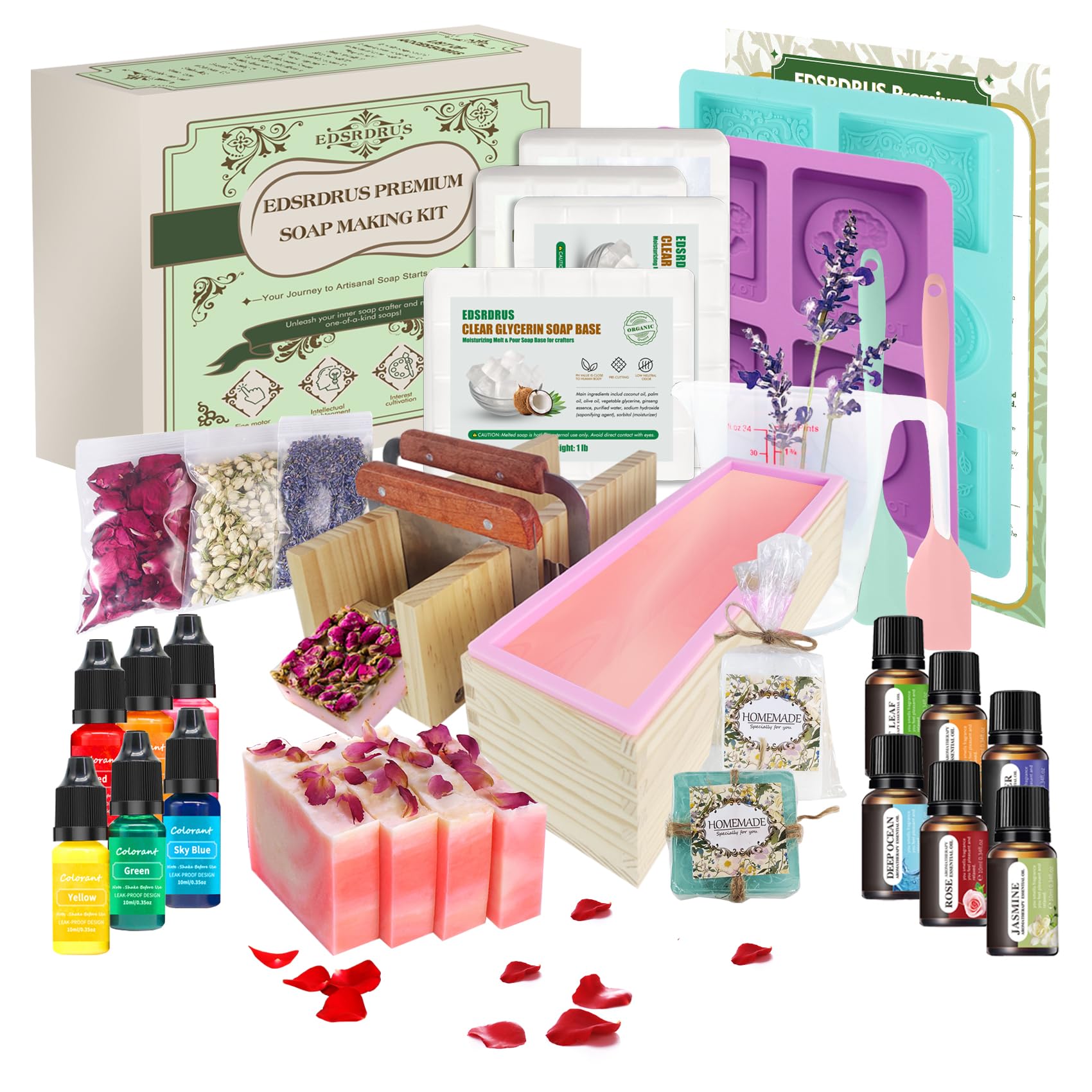 EDSRDRUSLarge Soap Making Kit for Adults, Natural Soap Making Supplies - DIY Complete Set with 4 lbs Glycerin Soap Base, Soap Loaf Molds, Cutting Box, Silicone Molds, Essential Oils, Dyes