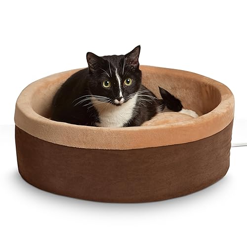 K&H Pet Products Thermo-Kitty Bed Heated Cat Beds for Large Indoor Cats & Dogs, Calming Warming Pillow Pet Bed, Machine Washable, Removable Heater, Safety Listed - Large 20" Round Mocha/Tan - Mocha/Tan - Large 20 Inches