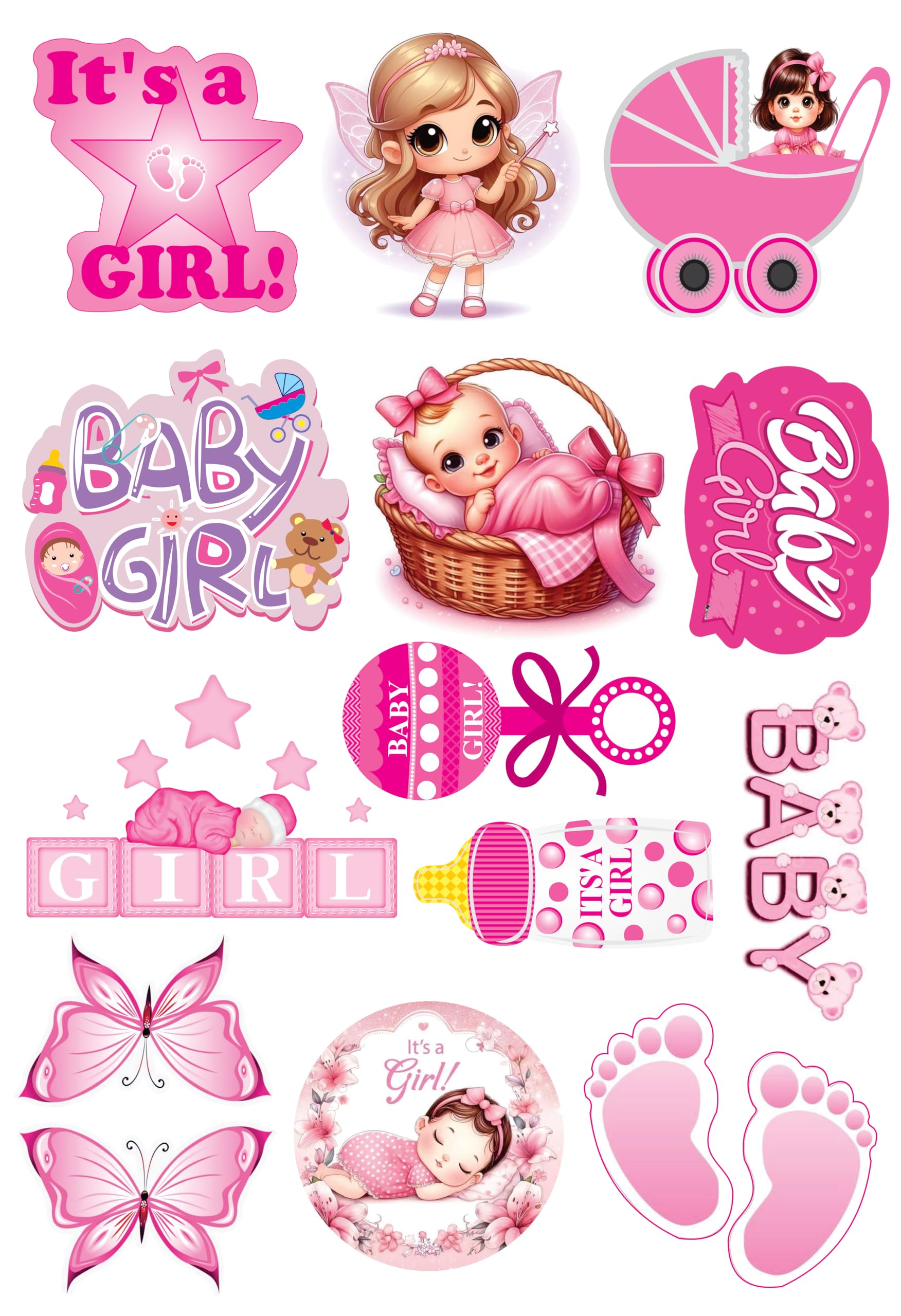 Creative Props Baby Girl Welcome Decoration Props, Decorative Paper Cutouts Featuring Baby Girl Themed Designs Including Stars, Butterflies, Footprints in Pink Colour 14 pcs-image-20