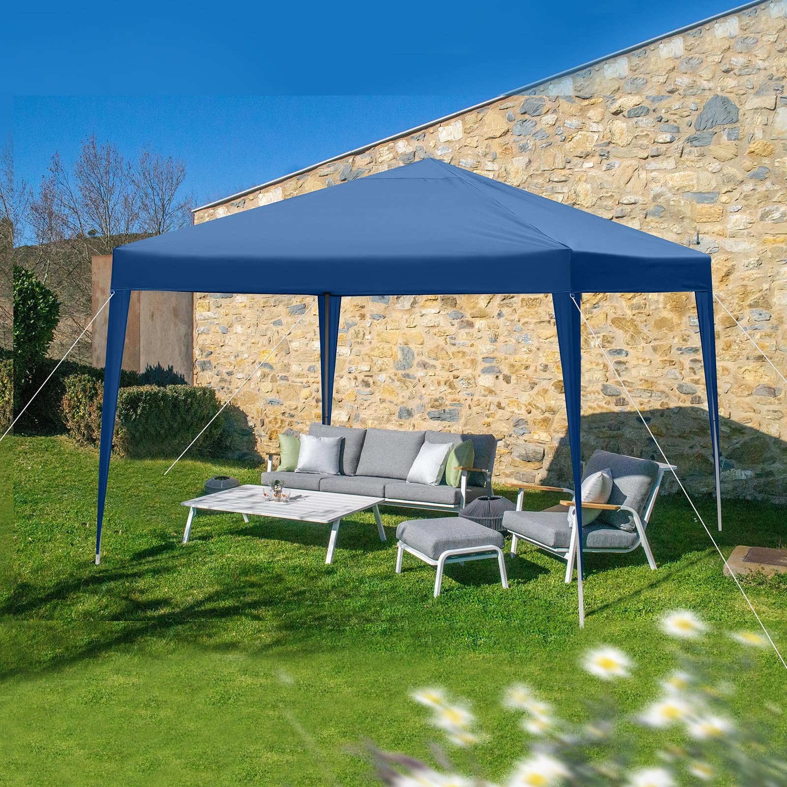 3x3m Tonnelle de Jardin Pliable Aluminium Imperméable Tente de Reception avec aux UV Pavillon Bleu Bâche PE Epaisse de env pour Fête Marriage Les Activités Commerciales (Bleu)