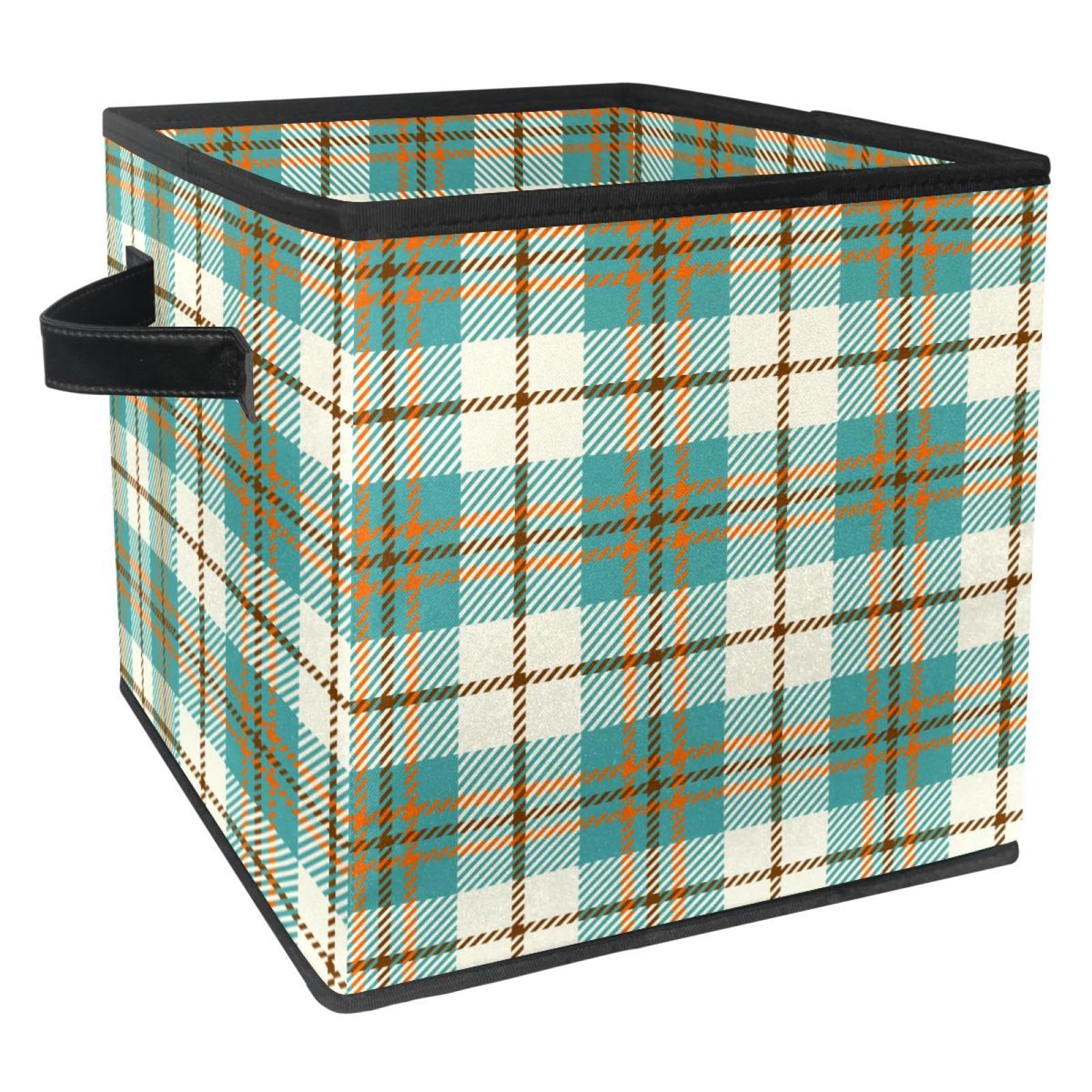 Panier cube de rangement pliable avec poignées en tissu motif écossais
