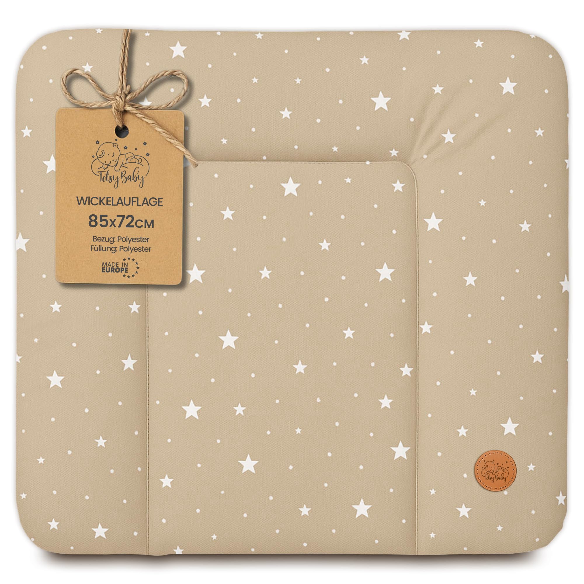 Fasciatoio neonato 85 x 72 cm - materassino portatile universale lavabile e impermeabile su cassettiera lavatrice e tavolo cuscino da viaggio tappetino materasso Oeko-Tex Beige con stelle bianche