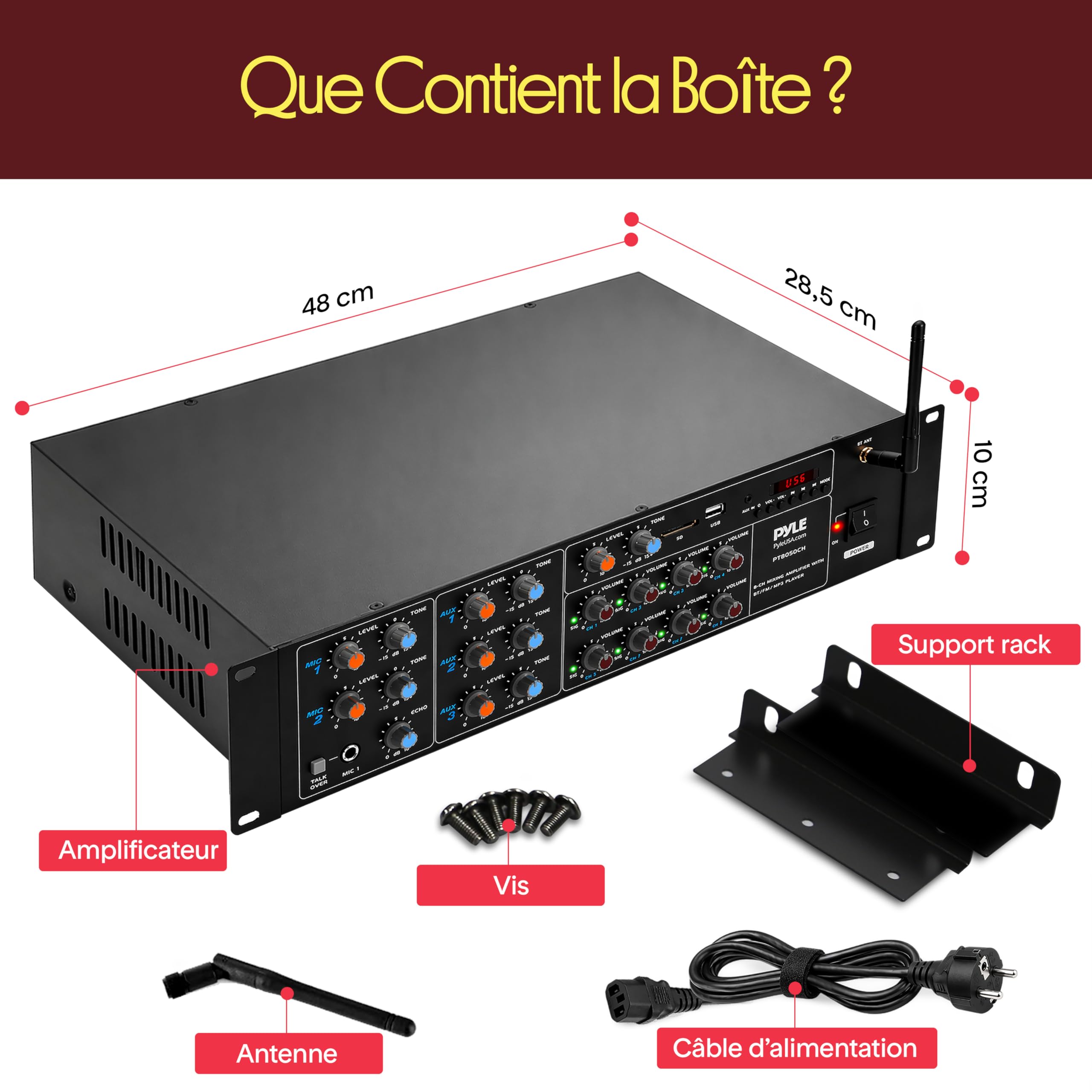 Pyle Amplificateur Bluetooth sans Fil 8 Canaux - 4000W Rack Mount Multi Zone Sound Mixer Système Audio Stéréo Maison avec RCA, USB, AUX - pour Haut-parleurs, PA, Théâtre, Studio/Scène
