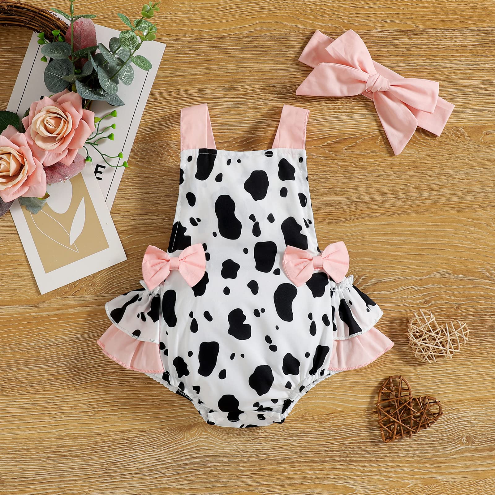 FYMNSI Infant Baby Girl Summer Clothes Cow Theme 1st Birthday Outfits Cows Print Romper Tutu Dress Backless Jumpsuits Sleeveless Ruffle Mini Skirt Dresses Bow Headband One Year Cake Smash