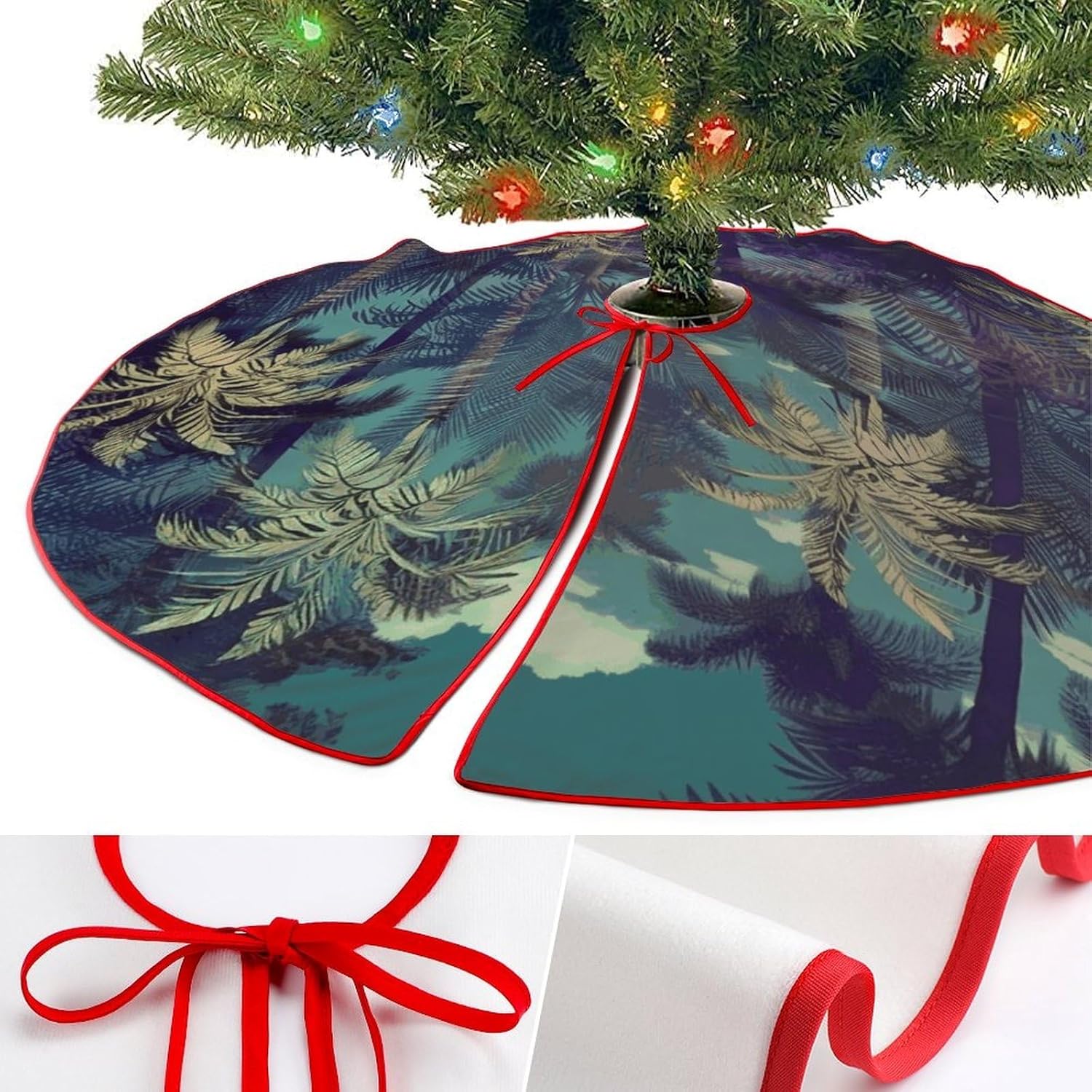 Christmas Tree Skirt,for Xmas Tree Holiday Party Decorations Fantasy Palm Tree Jungle Printed Christmas Tree Mat Red Lace-up Christmas Tree Dress