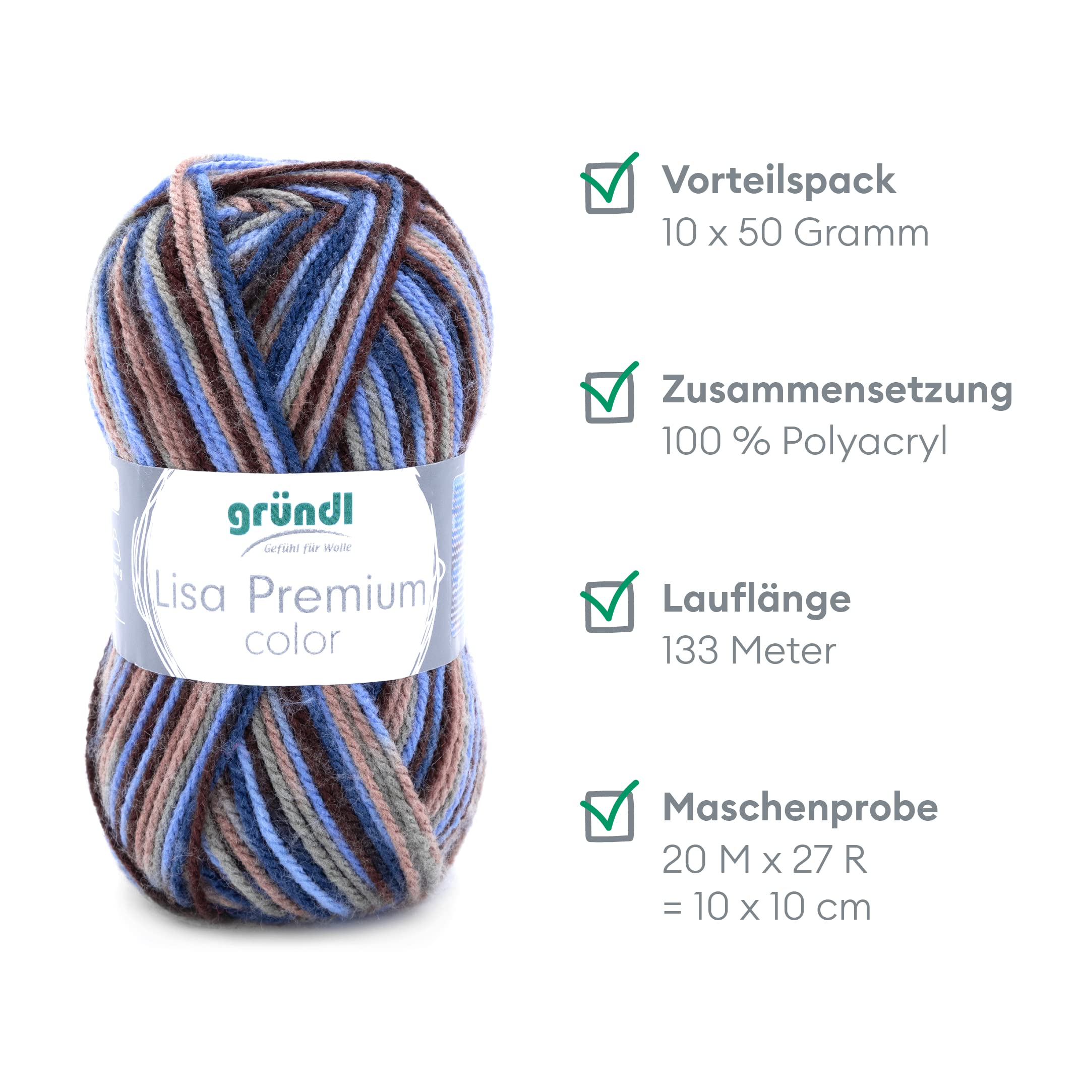 Laine Lisa Premium Color Gründl - 10 Pelotes 50g/133m, 100% Acrylique, Dégradé De Couleurs, Pour Tricot/crochet - 9