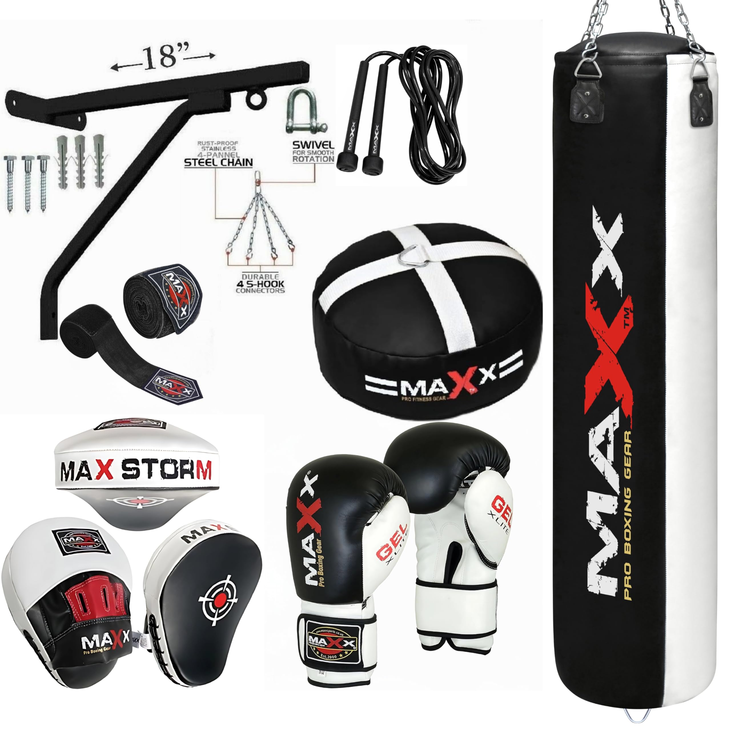 Maxx Home Gym Boxing Punch Bag Set Black White (3ft, 4ft, 5ft) with Gloves, Focus Pads, Floor Anchor Bracket, Rope, Hand Wraps & Chain – Complete Training Kit (5FT, 10OZ)