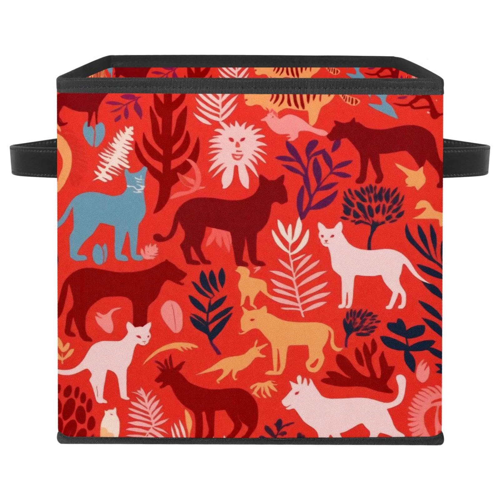 Boîte de rangement pliable rouge avec poignées en cuir pour maison