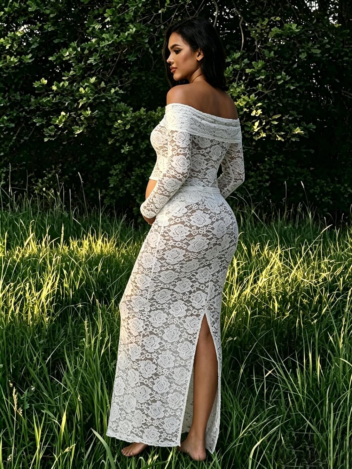 Women's Maternity 2 Piece Outfits Dress Lace Tube Top Hollow Out Skirt for Photoshoot Baby Shower