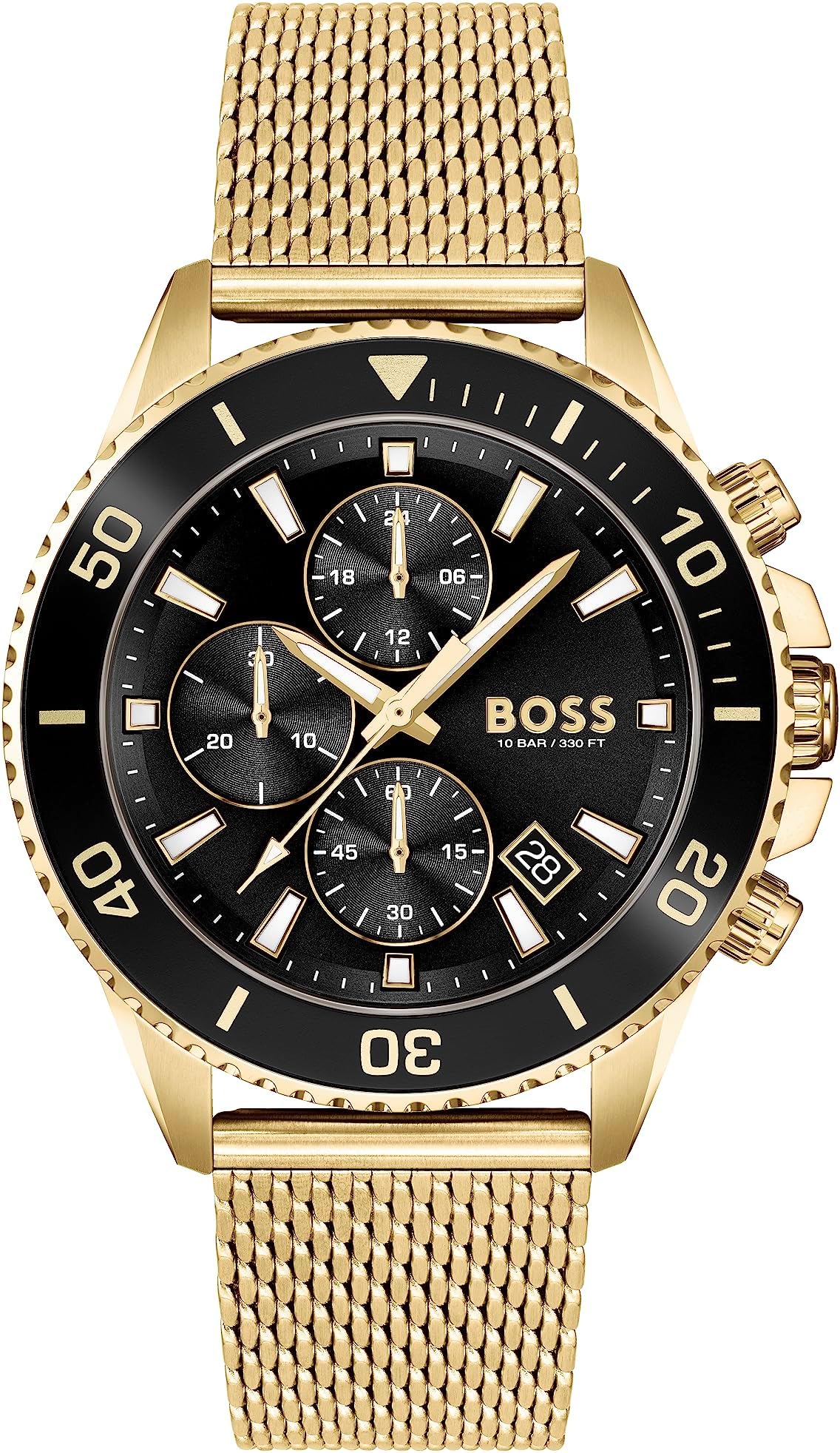 BOSS Admiral Qtz Fashion Chrono Black Round Dial Men's Analog Watch|Ionic Plated Thin Gold Steel Material|Gold Color Band - 1513906