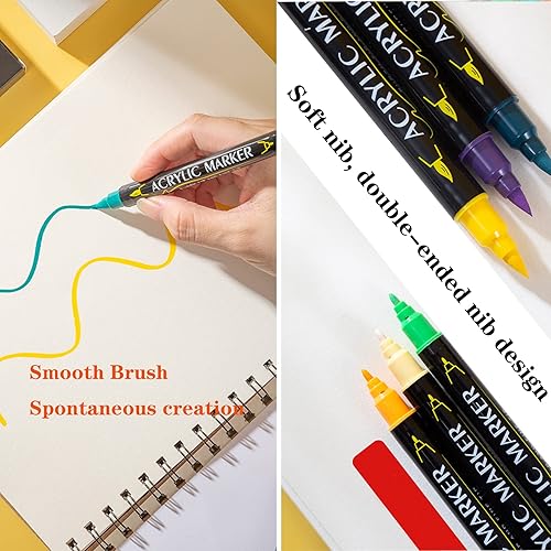 Miniatura 5 de 12 bolígrafos de pintura acrílica de doble punta con punta de pincel y marcador de pintura de punta fina, impermeable, para pintura de roca, lienzo,