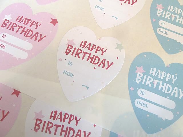 Happy Birthday Heart Gift and Present Labels, Coloured Self-Stick Labels for Cards, Envelopes, Craft, Decoration