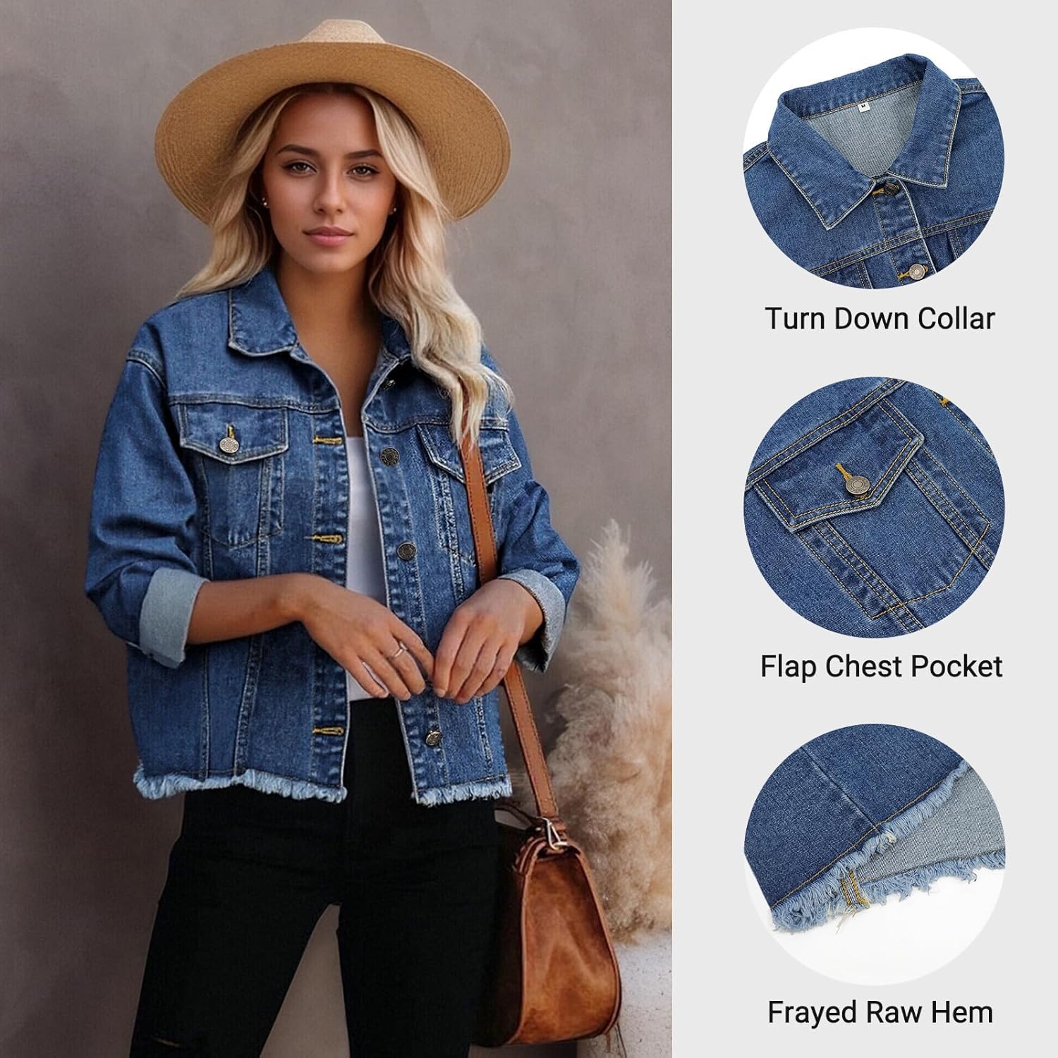 LONGBIDA Women's Jean Jacket Frayed Washed Button Up Cropped Denim Jacket With Pockets