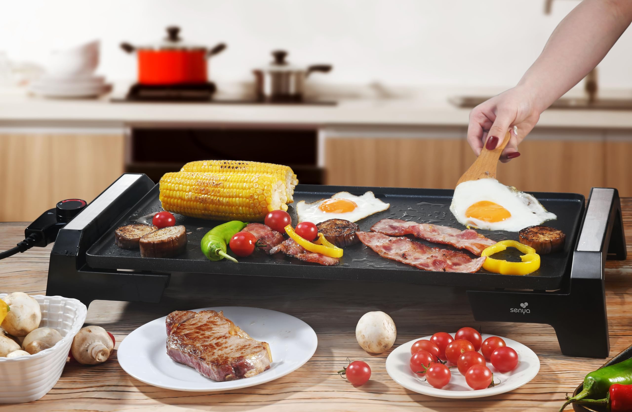 SENYA Plancha eléctrica - 2200W Placa efecto piedra antiadherente, gran superficie de cocción de 6 a 8 personas, bandeja recuperadora de grasa, apta para lavavajillas