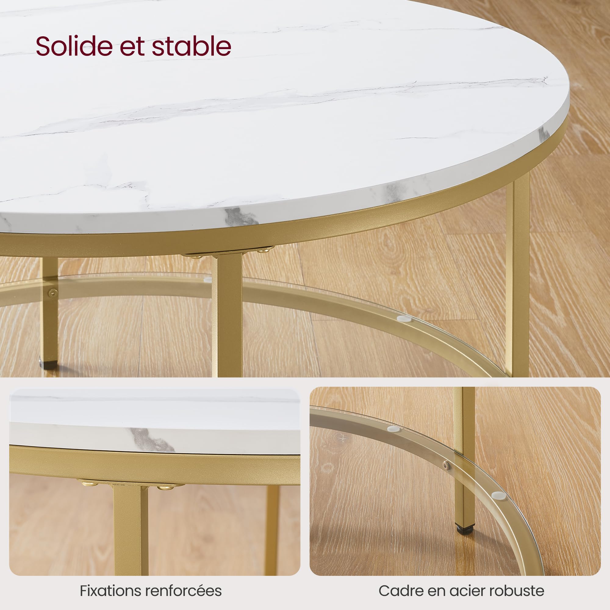 VASAGLE Table Basse, Table de Salon, Façon Marbre, Support en Verre Trempé, Facile à Assembler, Style Moderne, Blanc Marbré et Doré Métallique LCT071W59