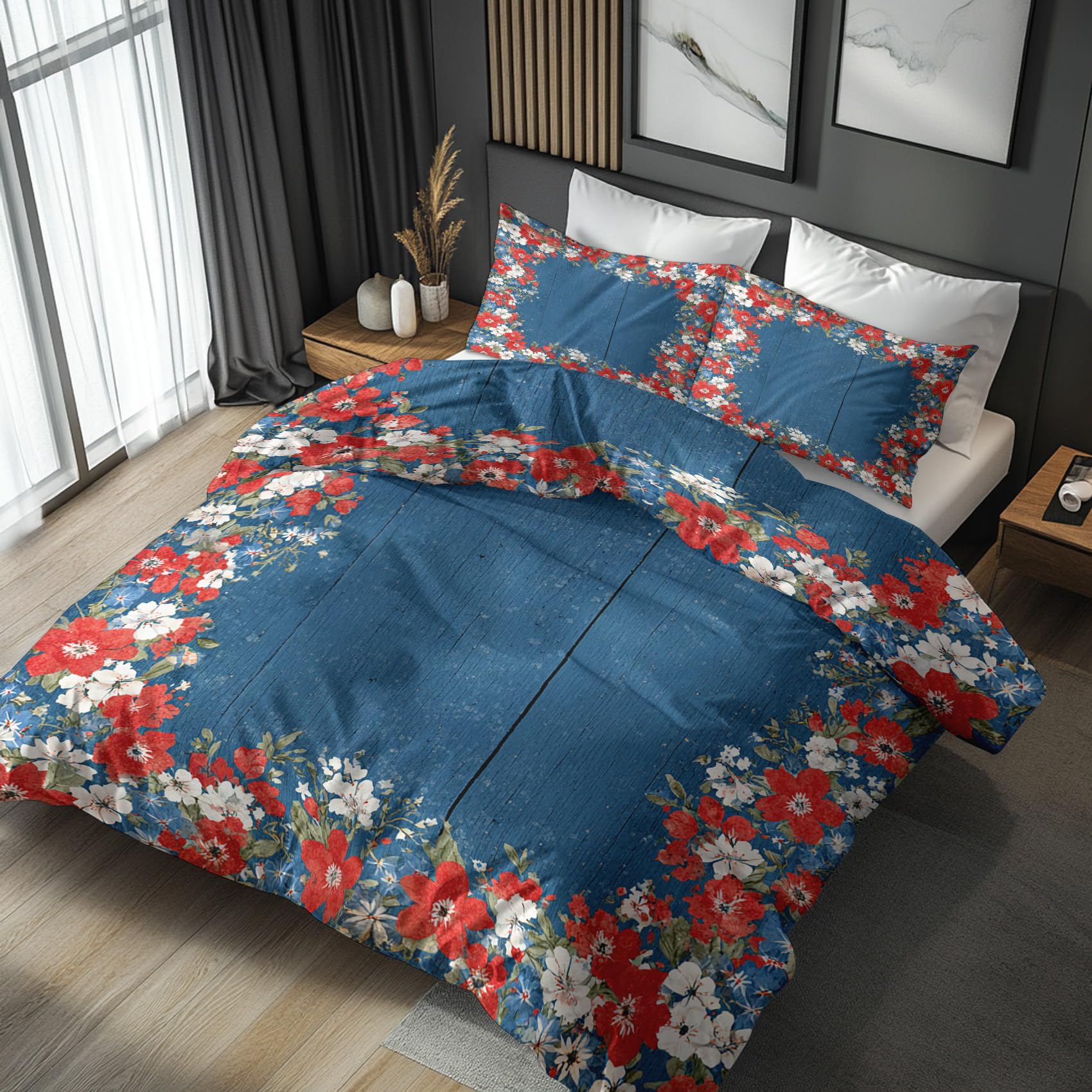 Housse de couette 220x240 bois bleu fleur haut de gamme style rustique chic