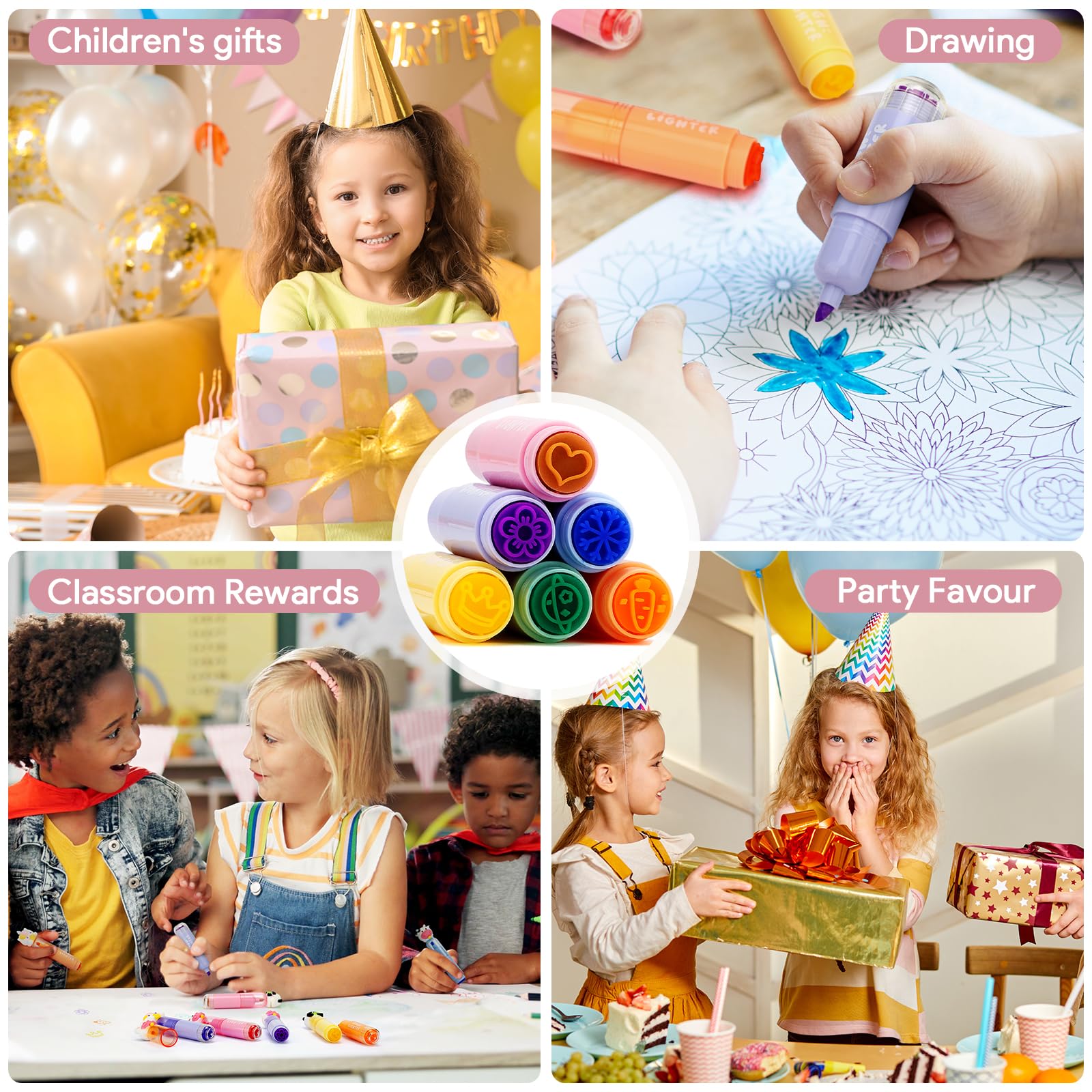 24 Piezas Regalos Cumpleaños Niños Colegio, Sellos Infantiles y Mini Subrayadores Originales para Piñata Cumpleaños Infantil & Detalles Cumpleaños Niños