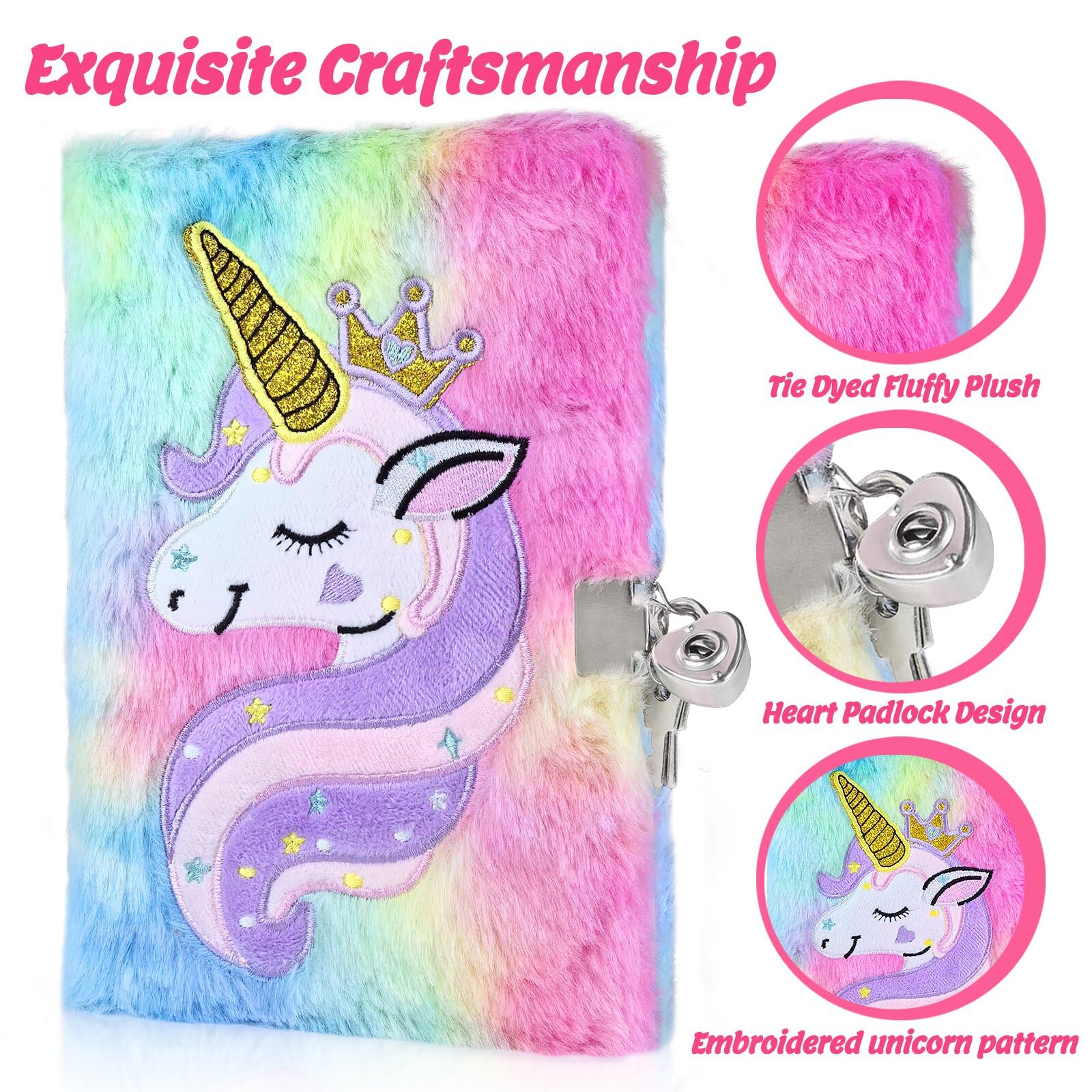 GROFIS – Lot 4 Journaux Intimes Licorne En Peluche – Avec Cadenas – 160 Pages A5 – Stylo Et Autocollants