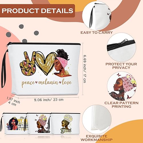 Miniatura 2 de Hillban 4 bolsas de maquillaje afroamericanas con 4 espejos compactos para mujeres negras, regalos de lona con cremallera, espejo de doble cara para