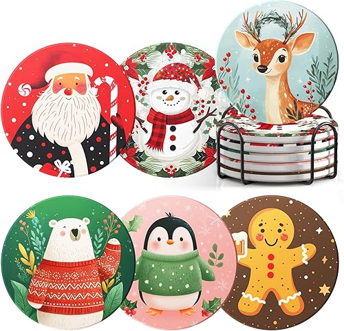 Posavasos de Navidad con soporte de metal, posavasos vintage de Santa Claus, posavasos redondos de piedra de cerámica absorbente para decoración de