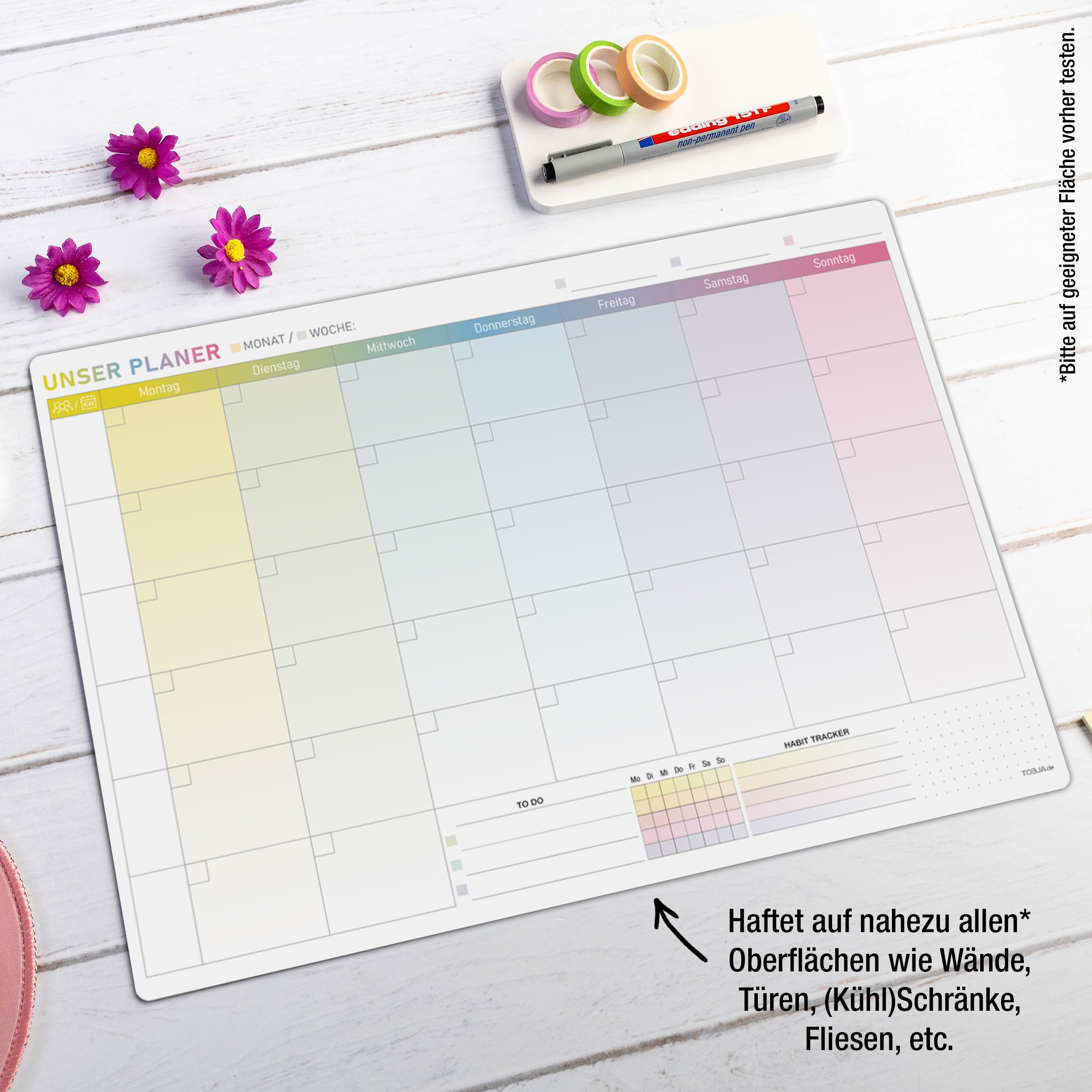 TOBJA Monatsplaner abwischbar – A3 selbsthaftender Wochenplaner – Whiteboard Planer für Wand, Kühlschrank & Tür – Familienkalender für bis zu 5 Personen - ohne Stift -