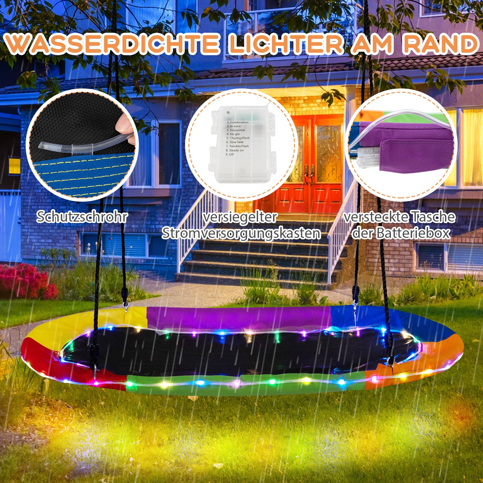 GOPLUS Nestschaukel Outdoor, 150 x 81 cm Kinderschaukel mit LED-Lichtern bis 150 kg Belastbar, Hängeschaukel 100-180 cm höhenverstellbar, Baumschaukel Rundschaukel für Kinder ab 3