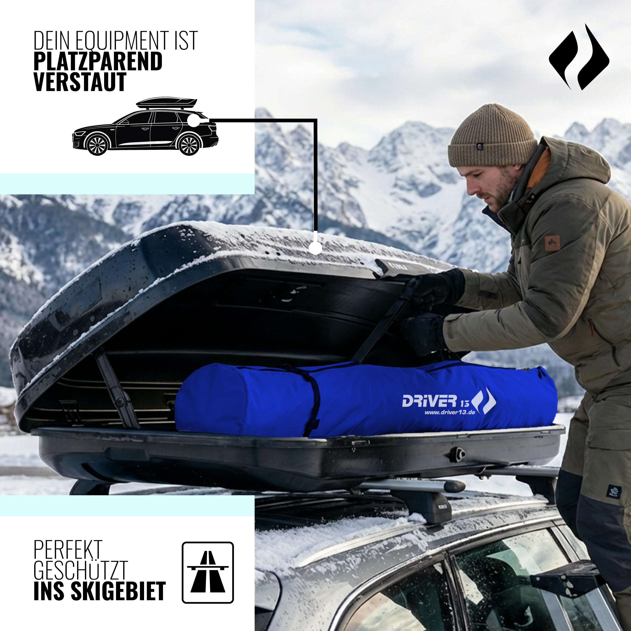 Driver13 Skitasche Skisack für Ski und Skistöcke, längenverstellbar, Tasche für Transport und Aufbewahrung beim Skifahren