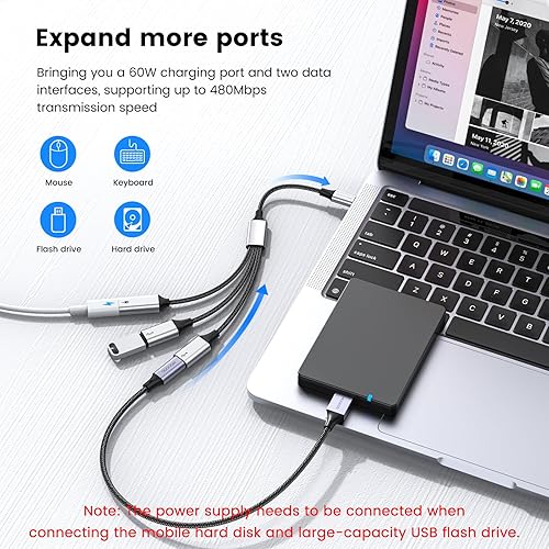 Miniatura 4 de USB C to USB C Female Adapter USB Splitter Y Cable,(NOT for Monitor) USB C Male to 3 USB-C Female Cord Converter,3 Port Hub Charger Power Split