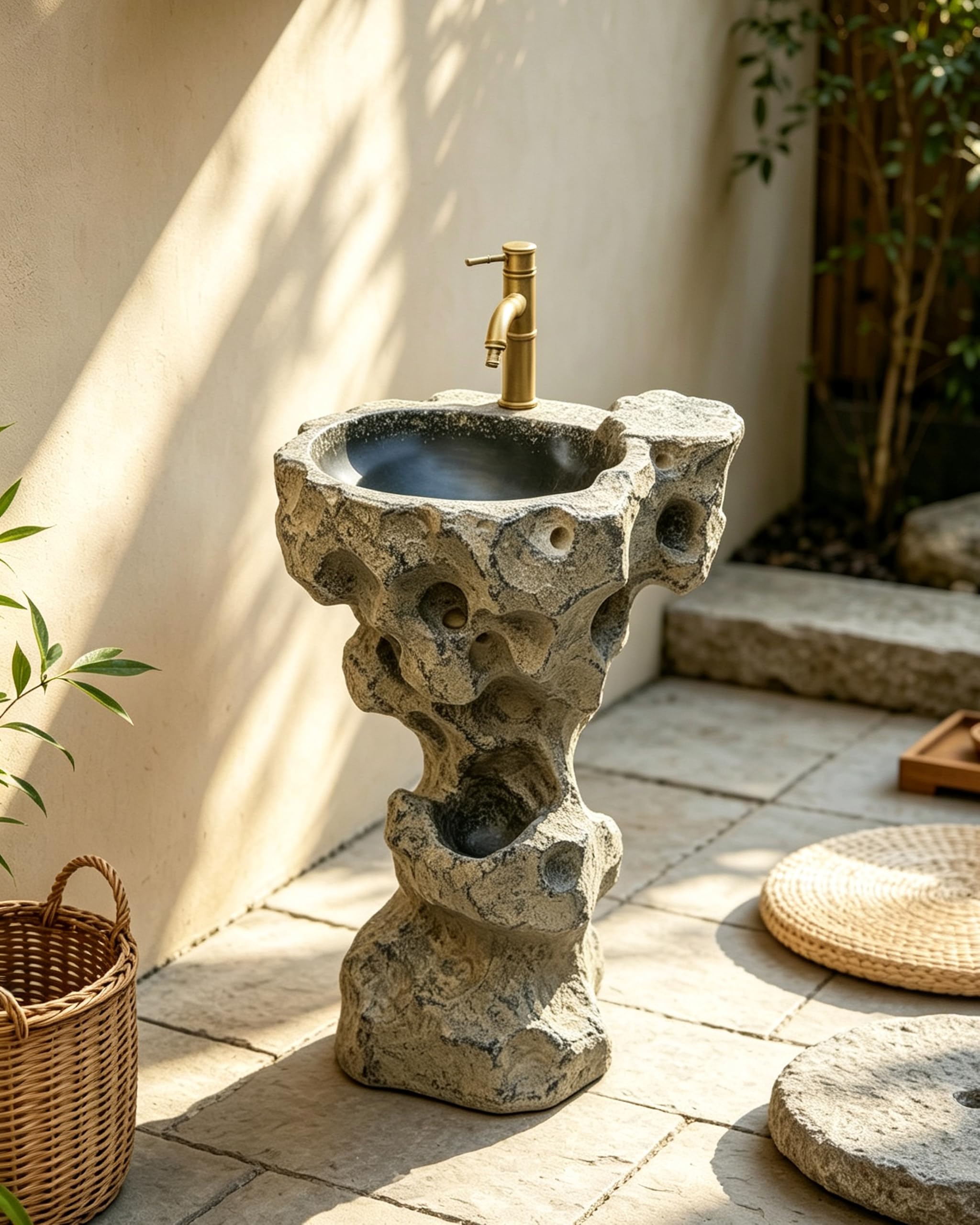 Lavabos De Exterior para Patios Y Jardines con Grifo Y Kit Desagüe Lavabo Independiente con Pedestal Integrado Lavabo Baño con Pedestal Y Efecto Piedra para Patios Y Hoteles,C,63×44.5×102cm