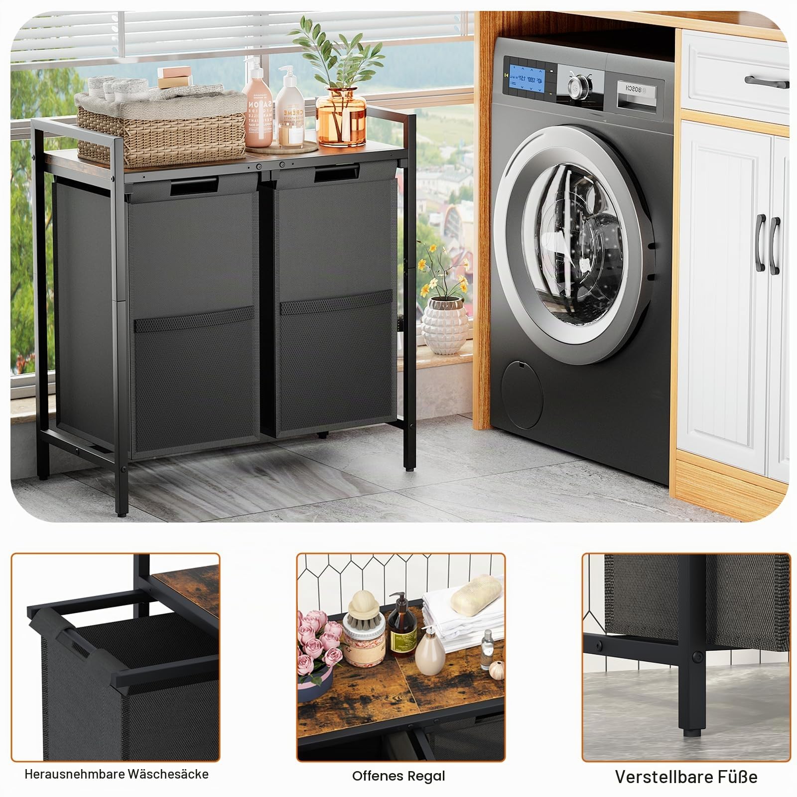 Wäschekorb Schwarz mit ablage 2 Fächer, Wäschesammler mit Ablage, wäschesammler Wäschesack Waschesammelbox aus Oxford-Laundry Baskets,Metallrahmen, 2 x 46 L, 73 x 33 x 72 cm