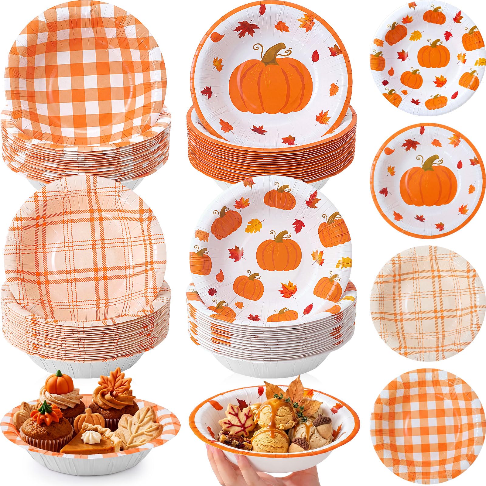 Sawysine 100 Pcs 16 oz Fall Pumpkin Paper Disposable Bowl Checkered Orange