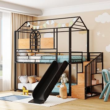 Harper & Bright Designs Metal Twin Over Twin Bunk Beds with Slide, House Bunk Bed with Storage Stairs, Kids Bunk Beds with Roof and Guardrails for Girls Boys Teens, Black +Black Slide