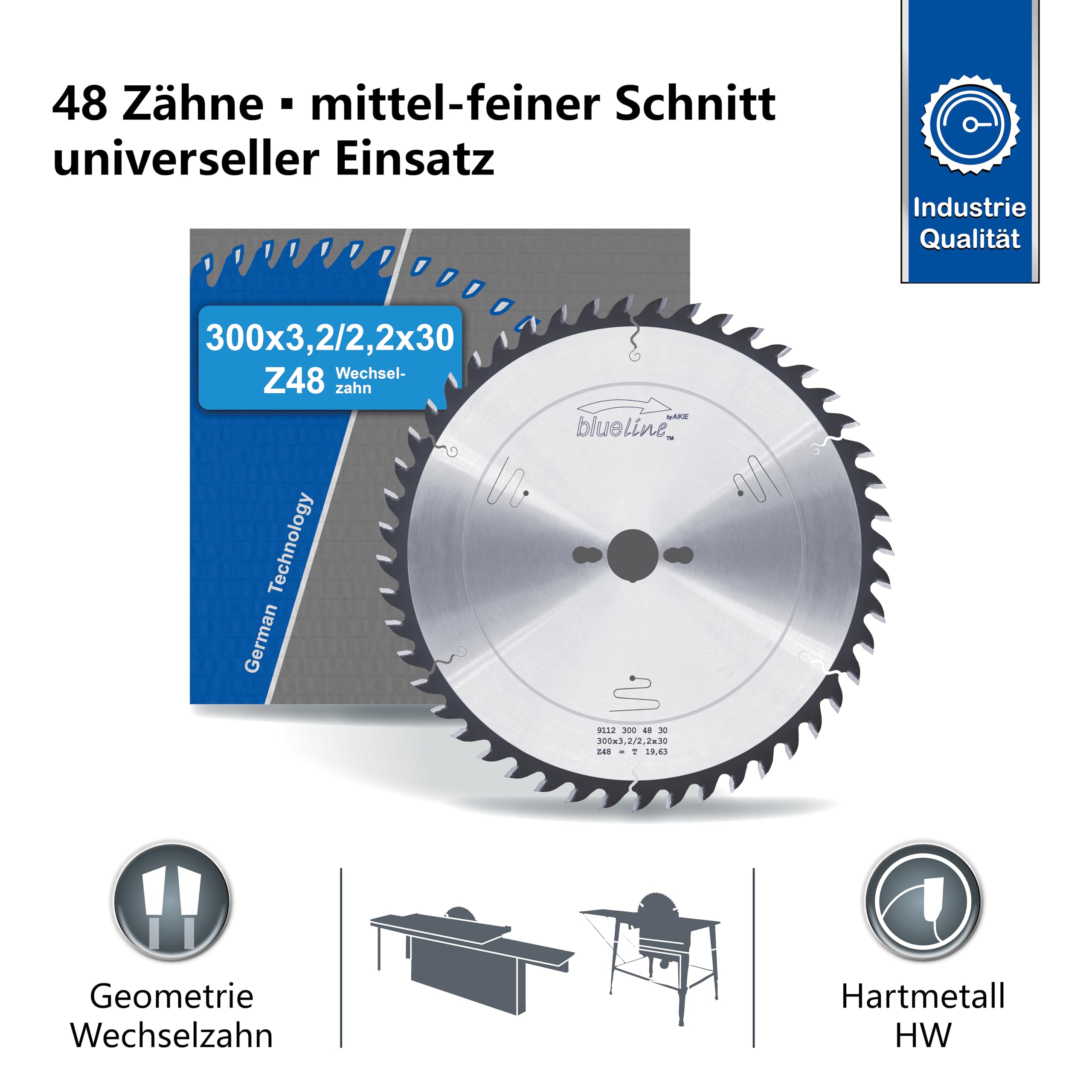 AKE blueline - Lame de scie circulaire - 300 x 30 mm - Z48 - Dents alternées - En métal dur - Coupe moyenne et fine - Pour bois, matériau à bois - Revêtement - Pour scie circulaire à format, scie