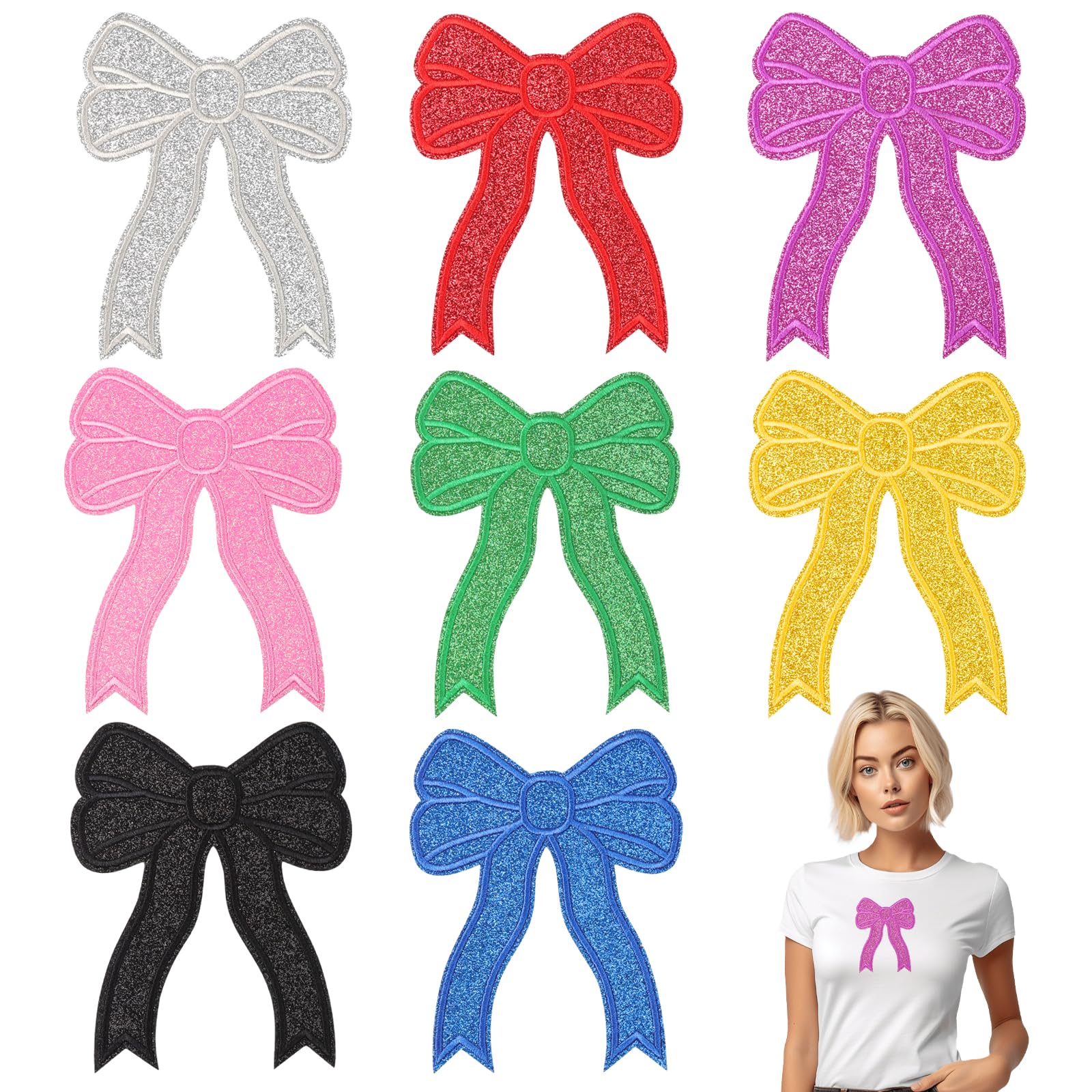 Loghohu 8 Pcs Bow Iron on Patch,Bow Patches Glitter Cute Embroidered Applique Bows Patches Iron on/Sew on for Sweatshirt Backpack Jeans Jackets DIY