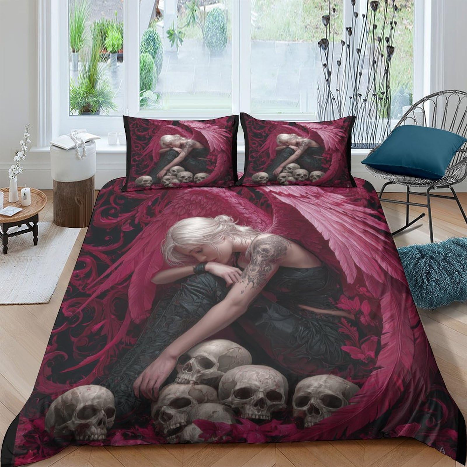 Ctjqhvkz Style-6 3D Printed Dark Angel Fitted Sheet Microfiber Soft Gothic Skull Bed Cover For Bedroom Dorm Mattress Decor Single（135X200cm）