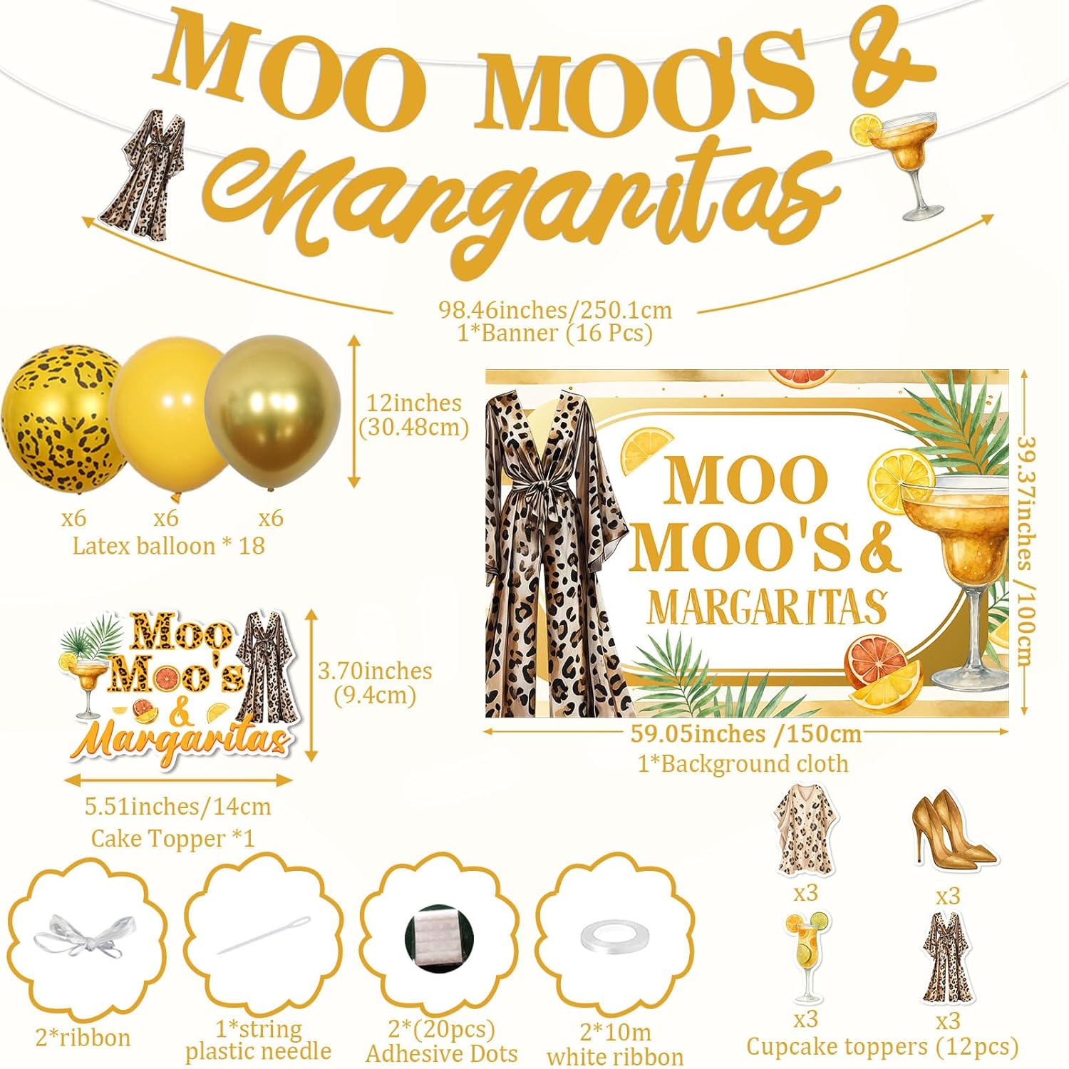 Moo Moos and Margaritas Party Decorations Cocktail Theme Backdrop Banner Leopard Print Pajama Margarita Cake and Cupcake Toppers Balloons Kit for Bachelorette Party Ladies Night Bridal Shower Birthday