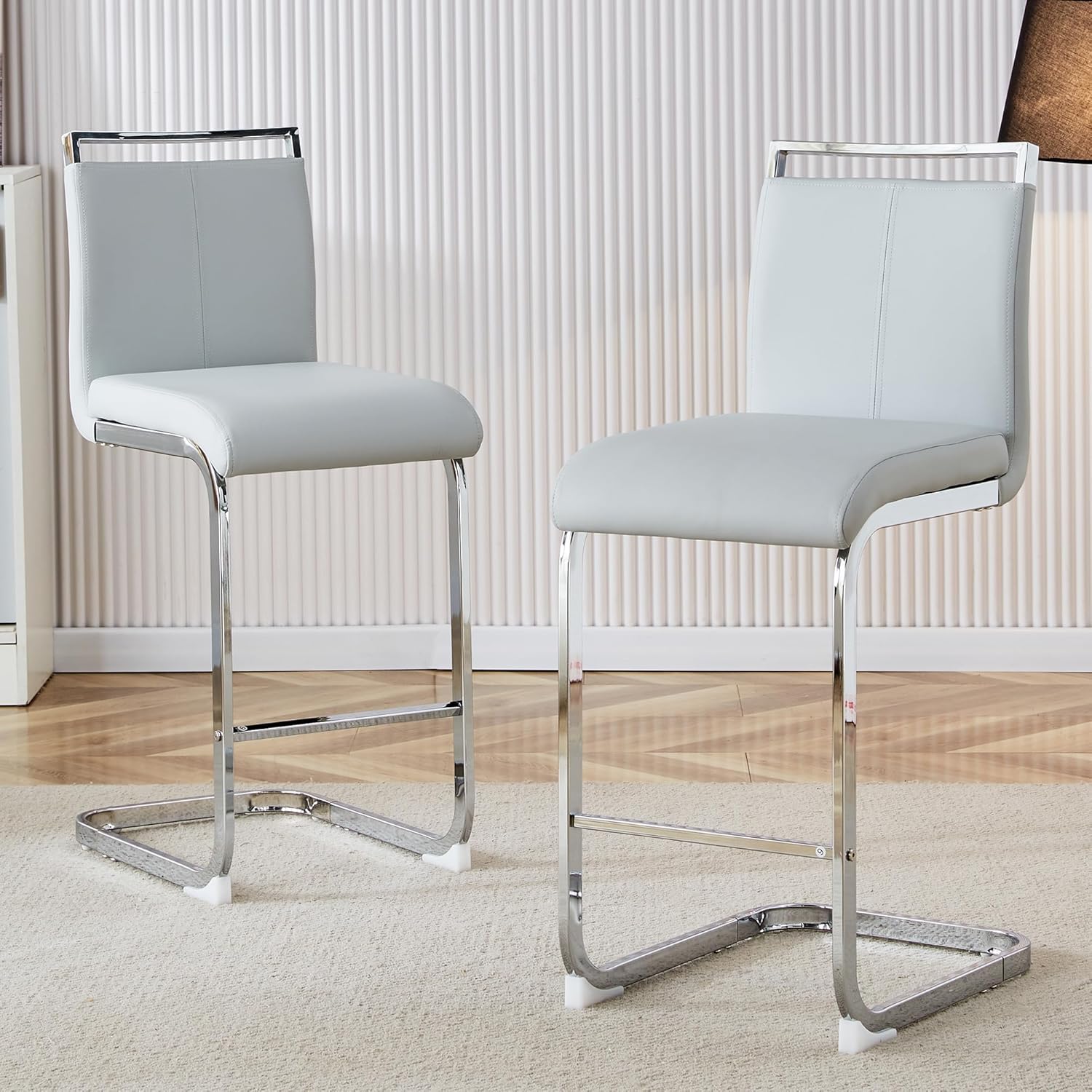 gopop Bar Stools Set of 2,Counter Height Bar Stools with Backs,Grey Barstools with Chrome Plated Metal Leg,Upholstered Leather Counter Stools Ideal for Kitchen Counter Dining Island Bar Pub