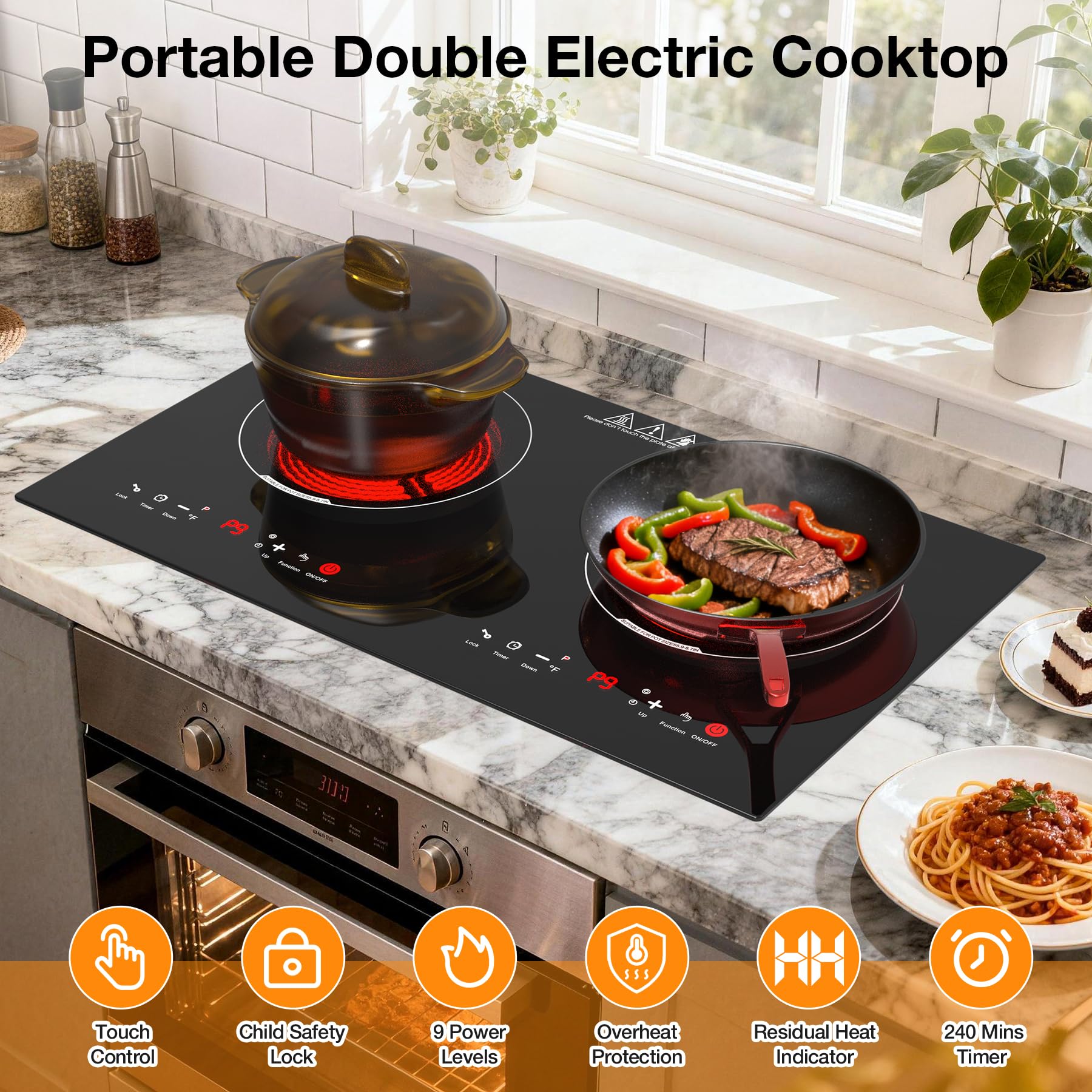 WABK Plaque Vitrocéramique 2 Feux 3600W, Plaque de Cuisson Électrique 60 cm | Encastrable ou à Poser, avec 9 Niveaux et Minuterie, Compatible Tous Récipients, pour Cuisine, Studio et Appartement