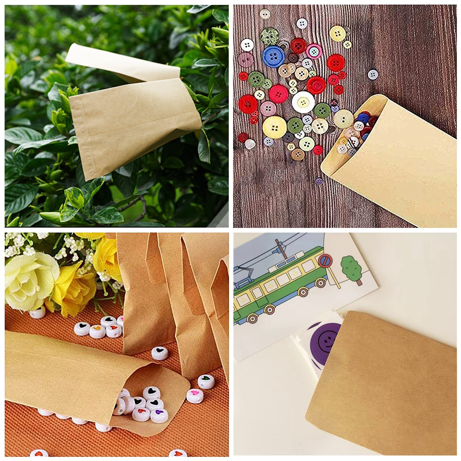 Zydiwo 100 Piezas Bolsas Papel Kraft Sobres Marrones Pequeños Bolsitas de Semillas Mini Sobre Vintage para Monedas Caramelo Joyas Con Cinta de Doble Cara (6x18cm)