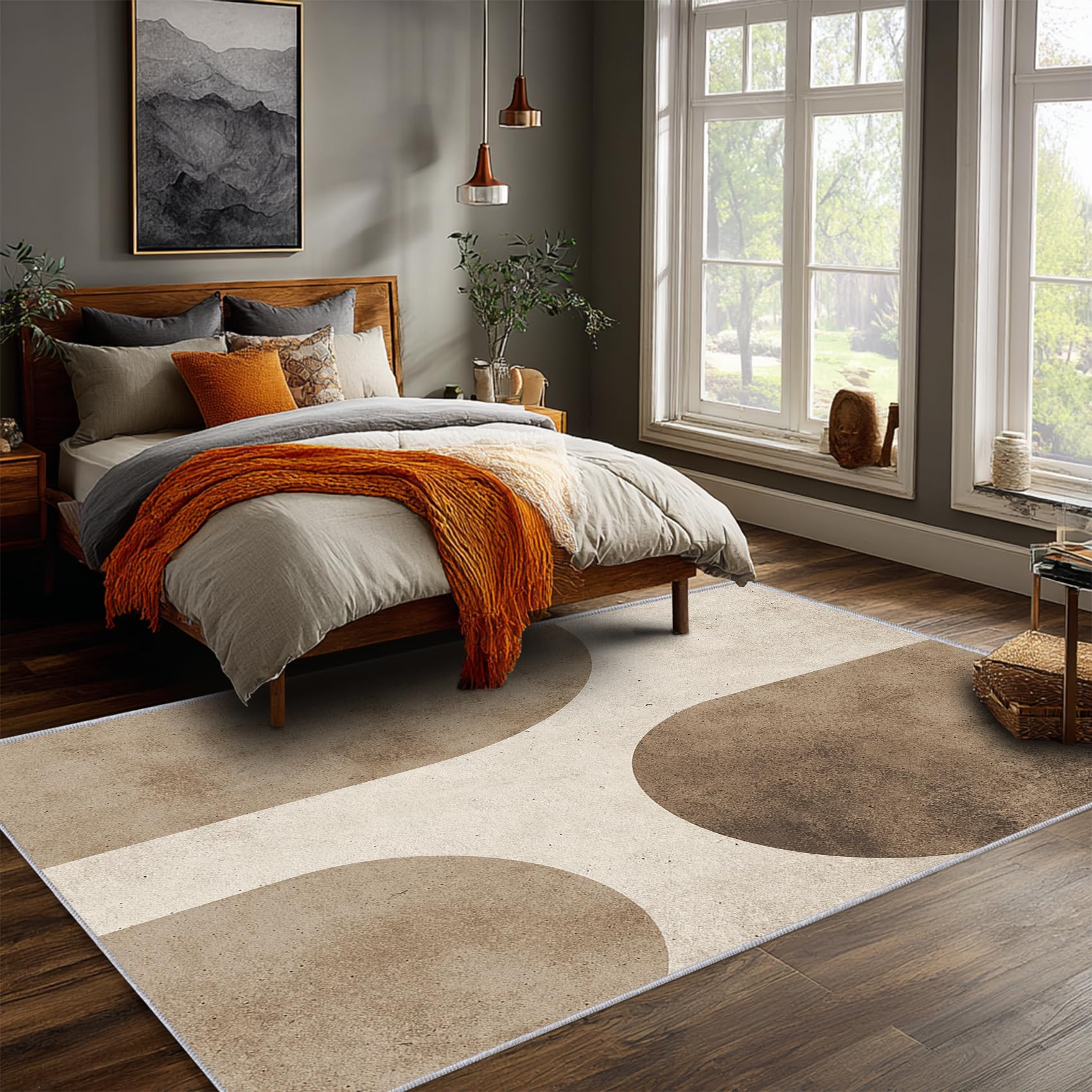 Teppich Skandinavisch Wohnzimmer 200 x 200 cm Mit Mid Century Modern Boho Geometrisch Muster, Skandinavisch Schlafzimmer Deko Bettvorleger, Kurzflor rutschfest Waschbar Teppiche Gegend