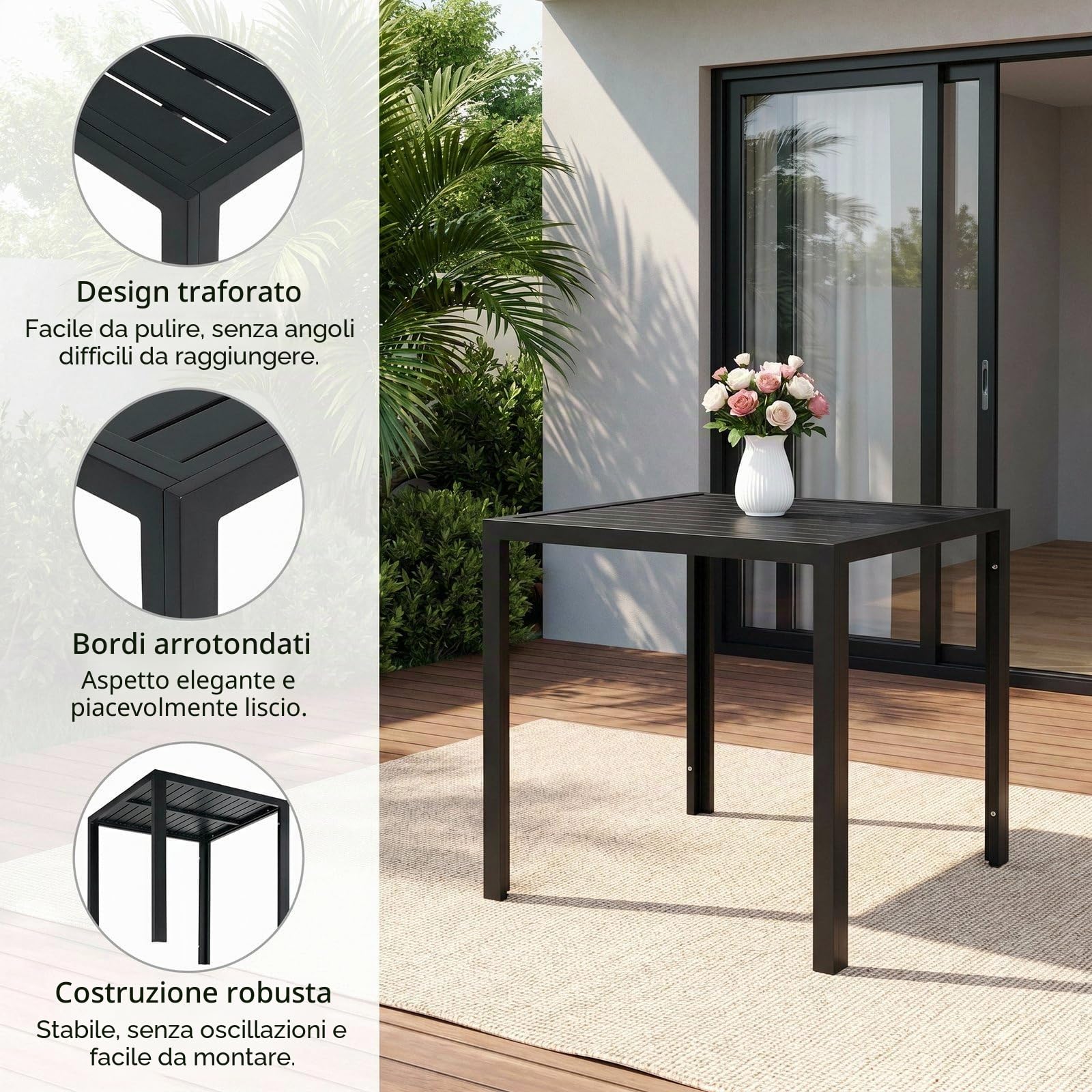 LIFERUN Tavolo da Giardino in Alluminio, 75x75 cm Quadrato da Esterno | Resistente Alle Intemperie, Facile da montare, per Balcone Terrazze, Nero, Ampio Pannello 4,6 cm