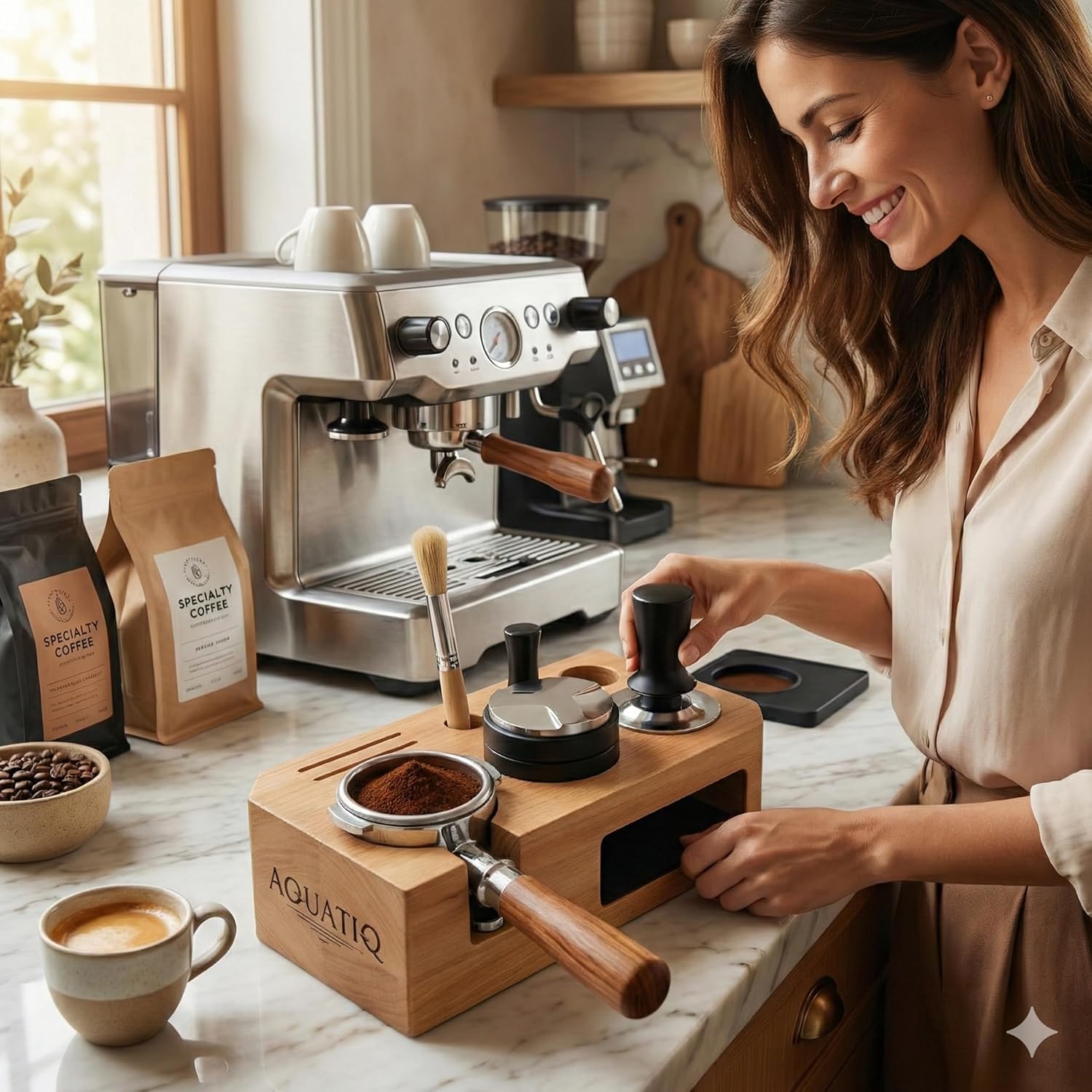 Espresso Tamping Station - Wooden Coffee Tamper Station For Storage 58 mm Portafilter Tamper Distributor - Espresso Organizer - Knock Box Accessories