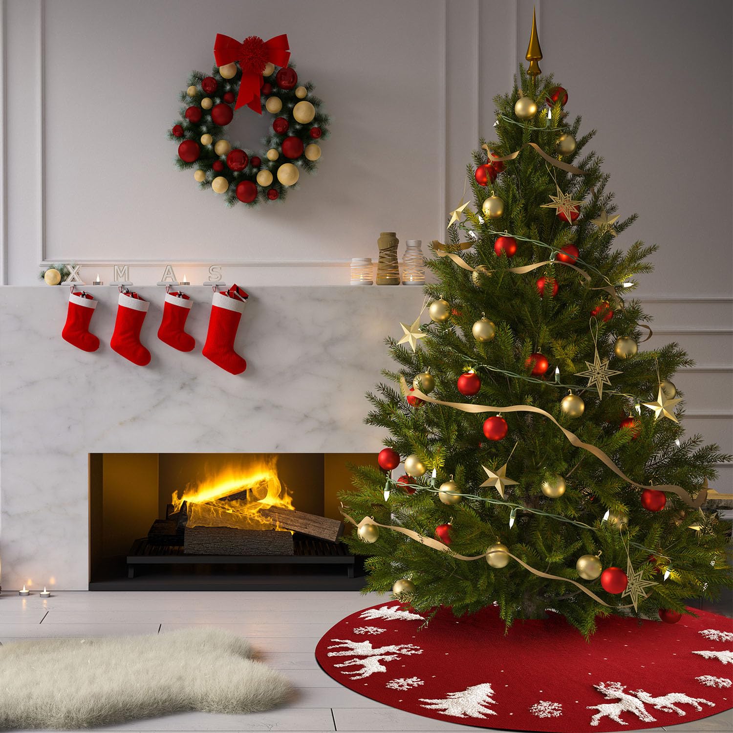 Jupe De Sapin De Noël Rouge, 62 Cm Couvre Pied Rond, Pour Fête Et