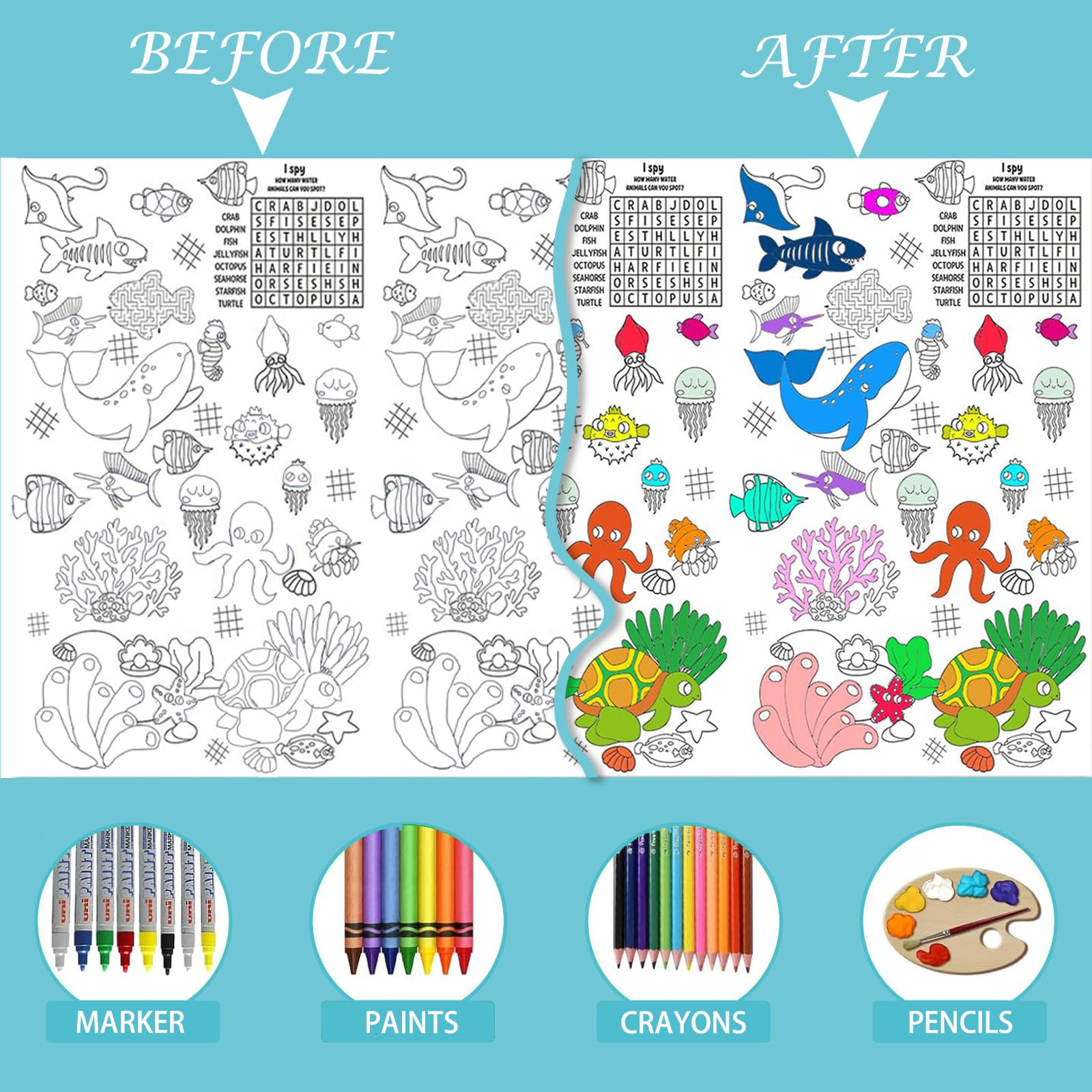Coloring Tablecloth for Kids,137*274cm Giant Colouring Table Cloth,Paper Tablecloths Ocean Rectangular Table Cover for Parties,Art Coloring Educational Tablecloth Party Supplies for Boys Girls - Image 4